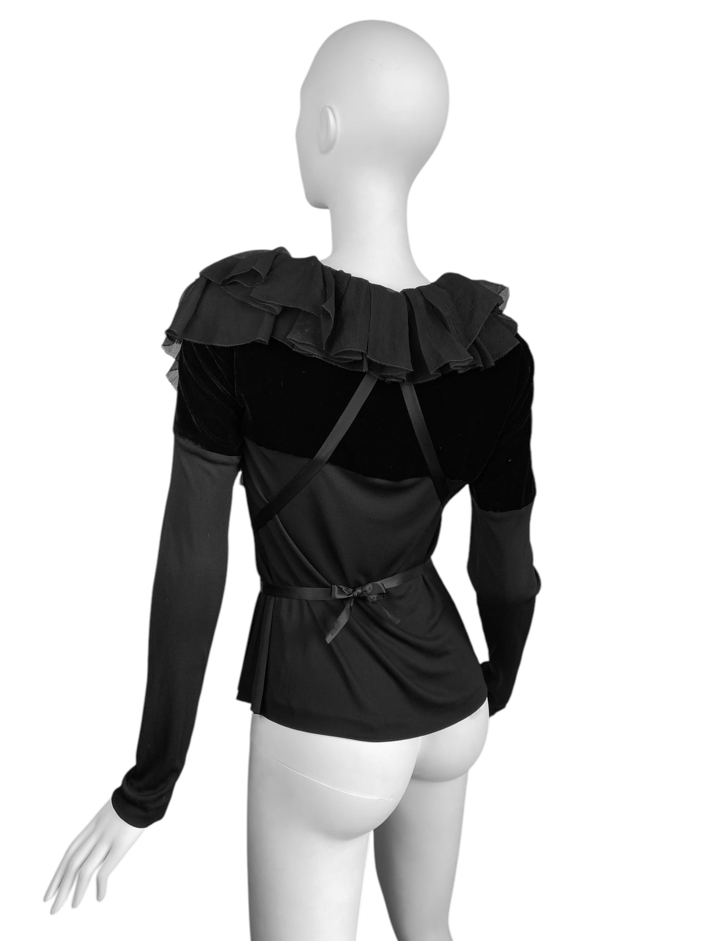 JEAN PAUL GAULTIER 2010s BLACK VELVET & SILK RUFFLES BONDAGE BLOUSE