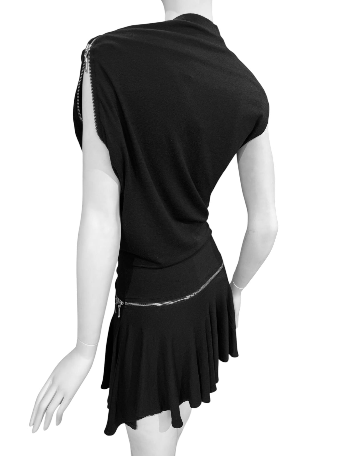PLEIN SUD FW2003 BLACK ASYMMETRICAL ZIP MINI DRESS
