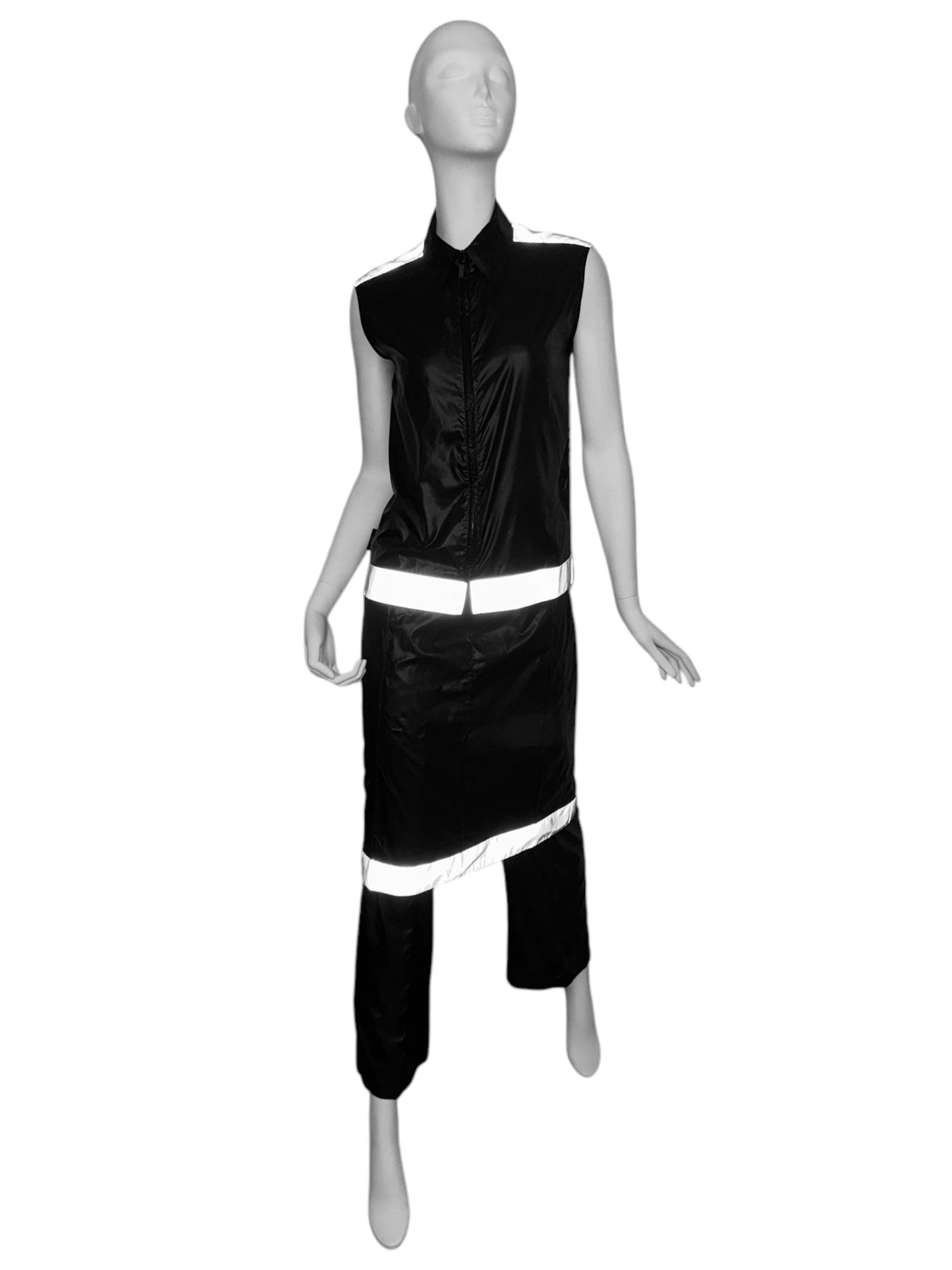 CHANEL SS1999 BY KARL LAGERFELD BLACK NYLON REFLECTIVE HEM 3P. SET (TOP + PANTS + SKIRT)