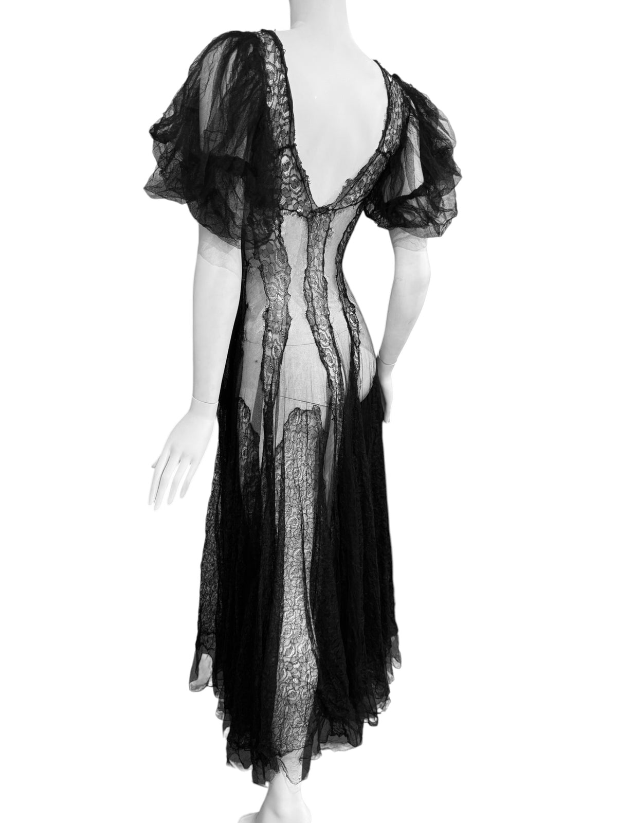 1930s BLACK SHEER LACE ROMANTIC MAXI DRESS
