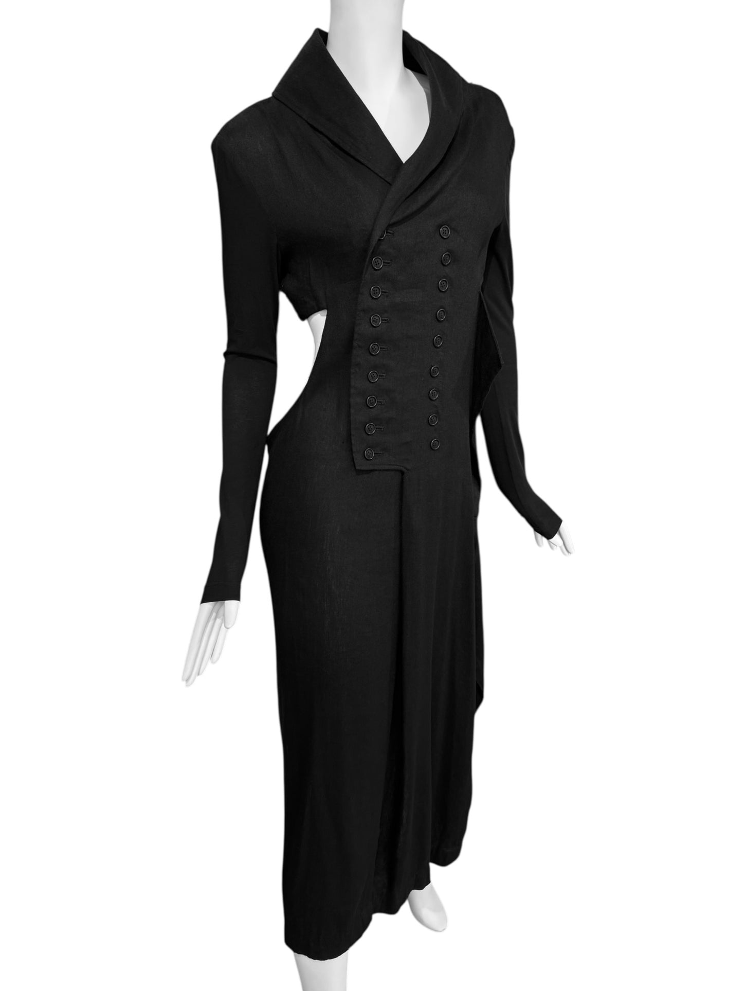 YOHJI YAMAMOTO SS2019 BLACK LINEN DOUBLE BREASTED CUT OUT MAXI DRESS