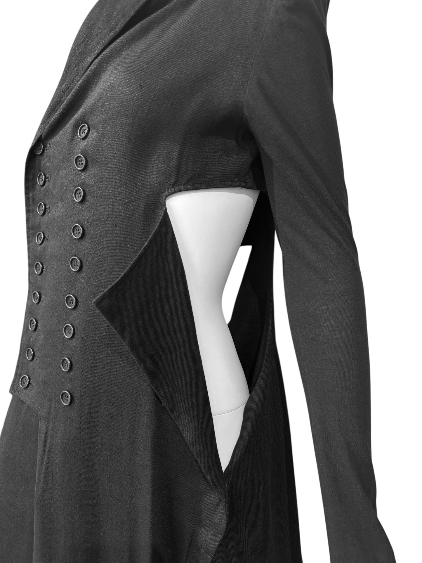 YOHJI YAMAMOTO SS2019 BLACK LINEN DOUBLE BREASTED CUT OUT MAXI DRESS