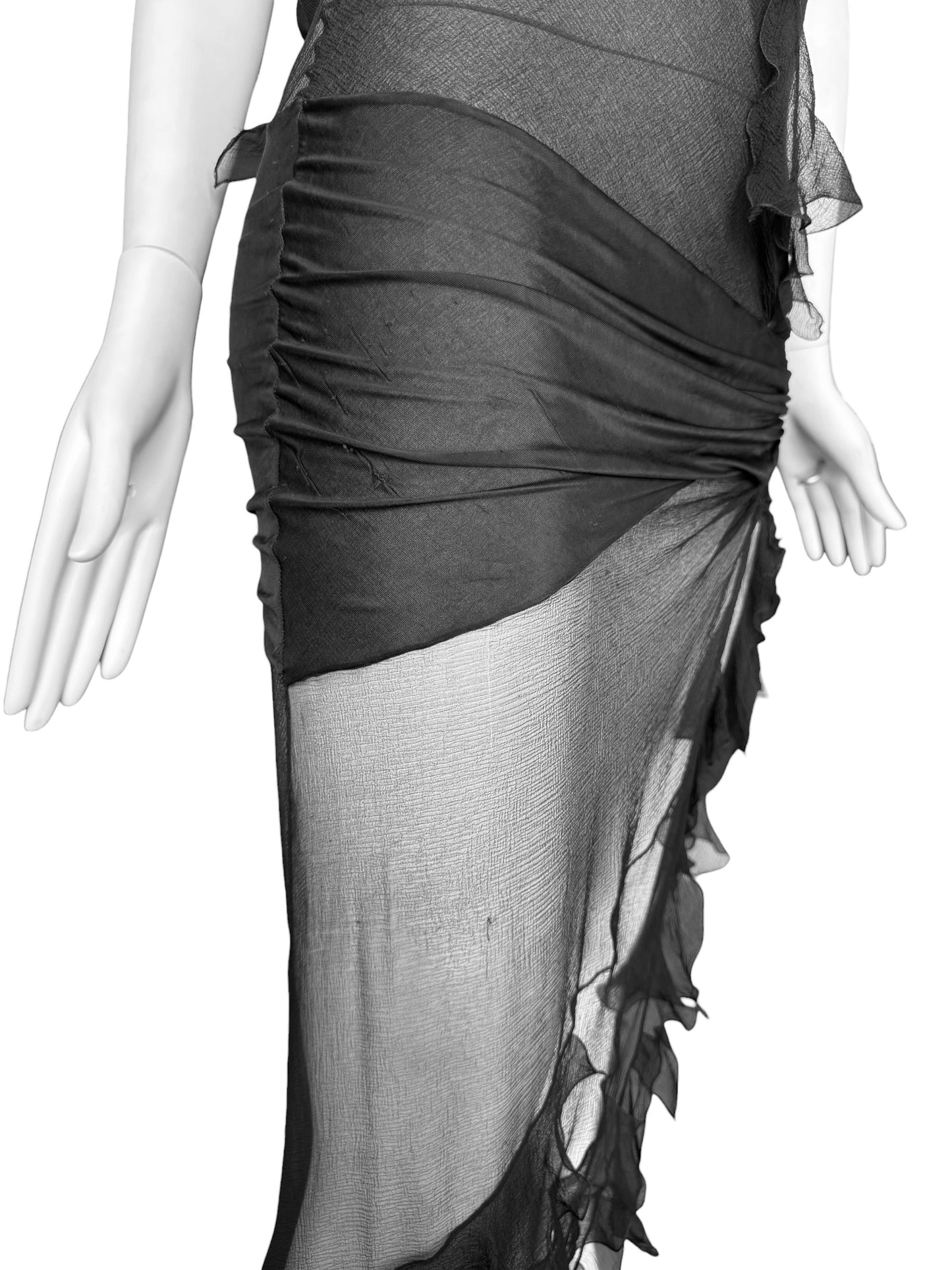 CHRISTIAN DIOR FW2006 BY JOHN GALLIANO BLACK SILK ASYMMETRICAL RUFFLES TRAIN MAXI DRESS