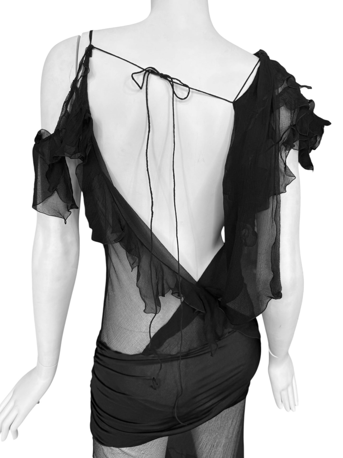 CHRISTIAN DIOR FW2006 BY JOHN GALLIANO BLACK SILK ASYMMETRICAL RUFFLES TRAIN MAXI DRESS