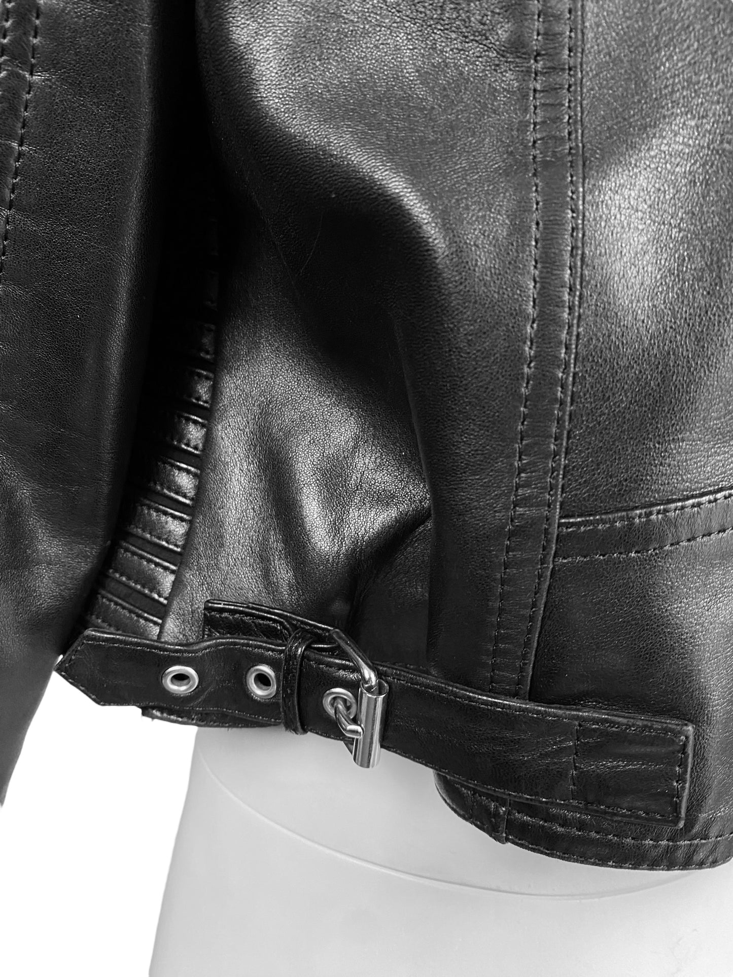 JITROIS 1999 BLACK LEATHER & SILK HORIZONTAL STRAPS ZIP JACKET