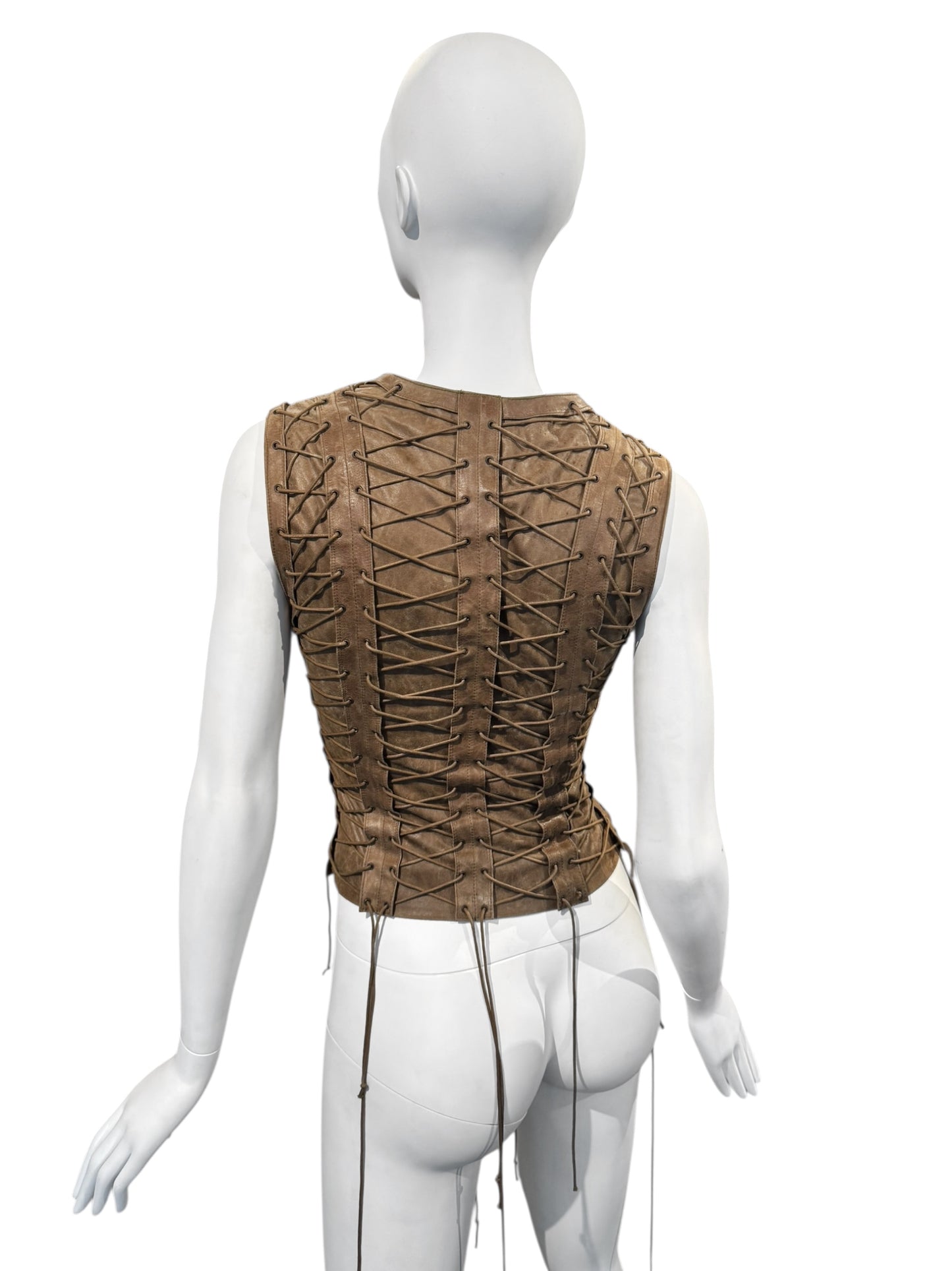 PLEIN SUD FW2002 BROWN LEATHER LACE-UP CAGE VEST