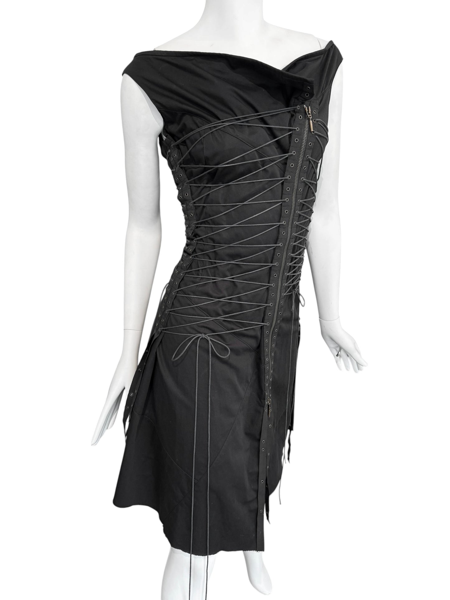 PLEIN SUD SS2003 BLACK LACE-UP BONDAGE MIDI DRESS