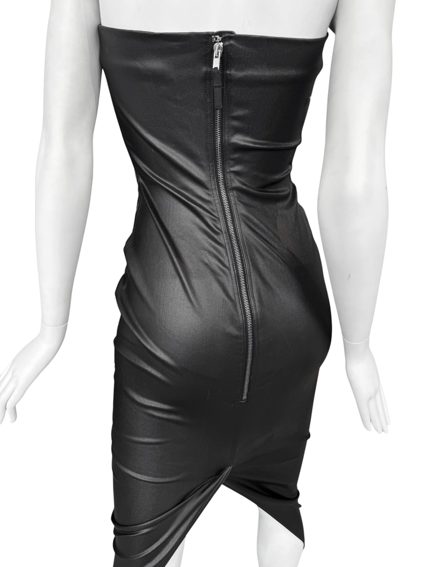 RICK OWENS SS2024 «LIDO» BLACK COATED DENIM BUSTIER MAXI DRESS