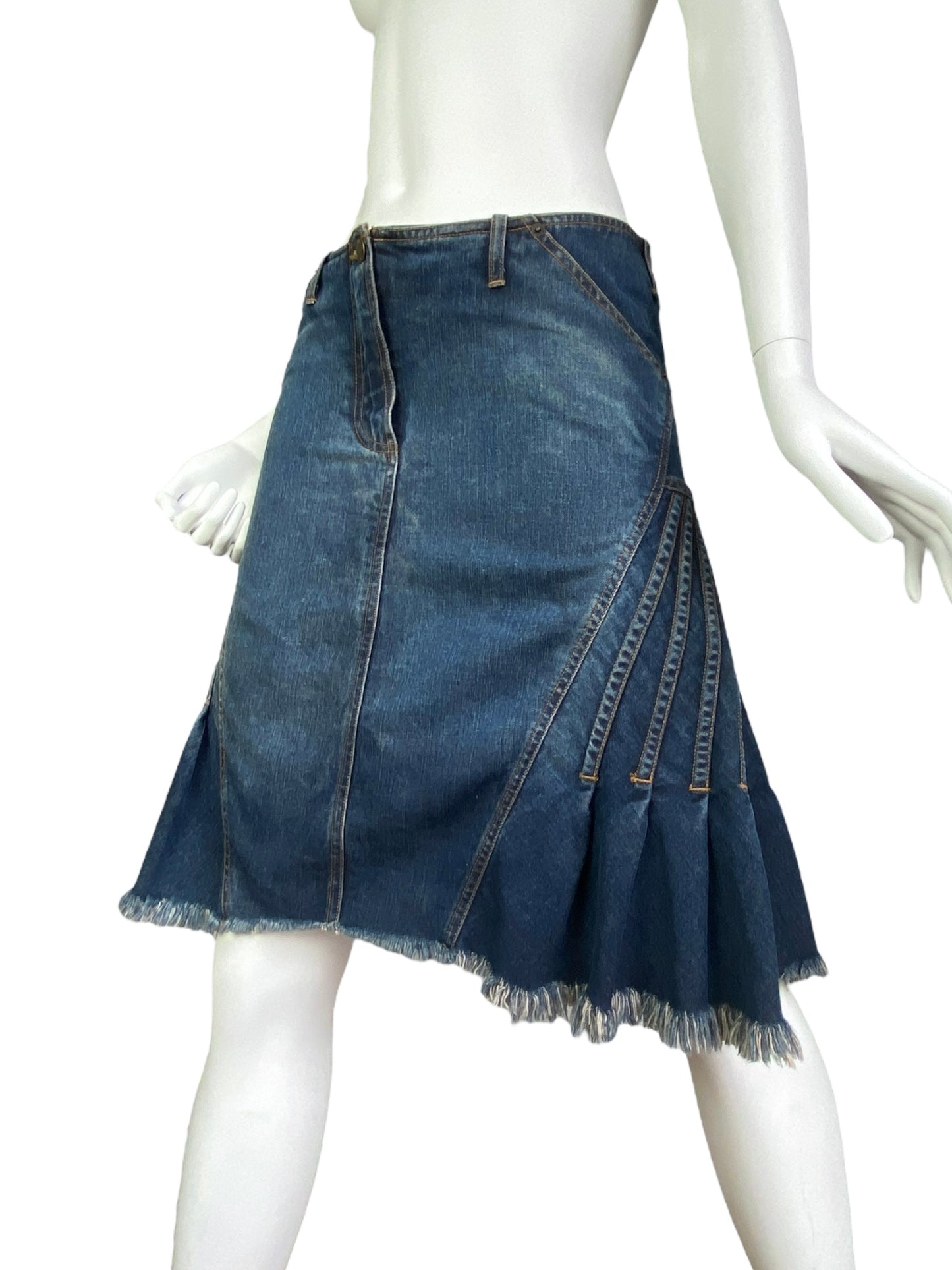 PLEIN SUD JEANS SS2003 BLUE DENIM PLEATED MIDI SKIRT