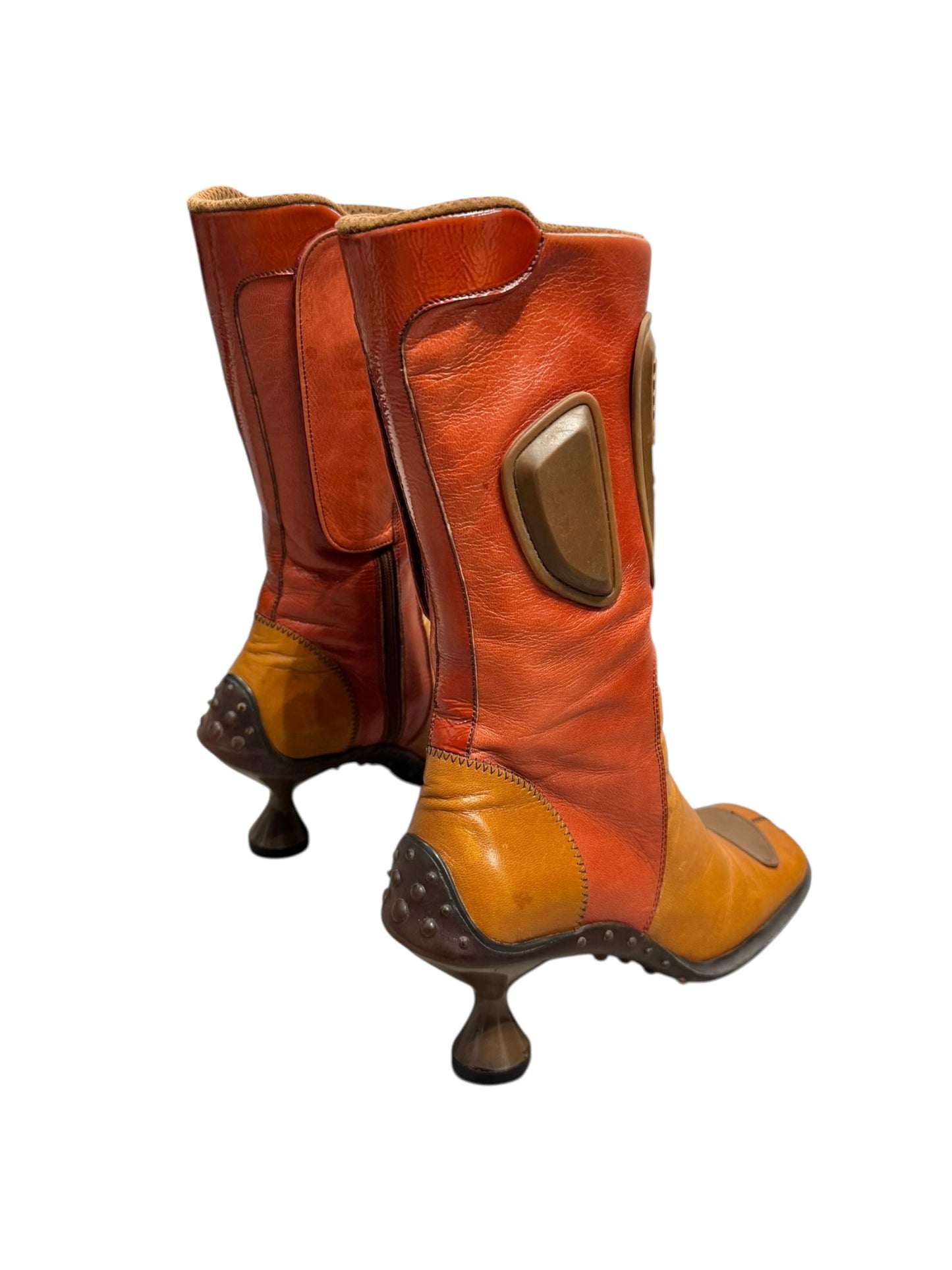 MIU MIU FW1999 ORANGE/RED/BROWN LEATHER BUBBLE SOLE BIKER BOOTS