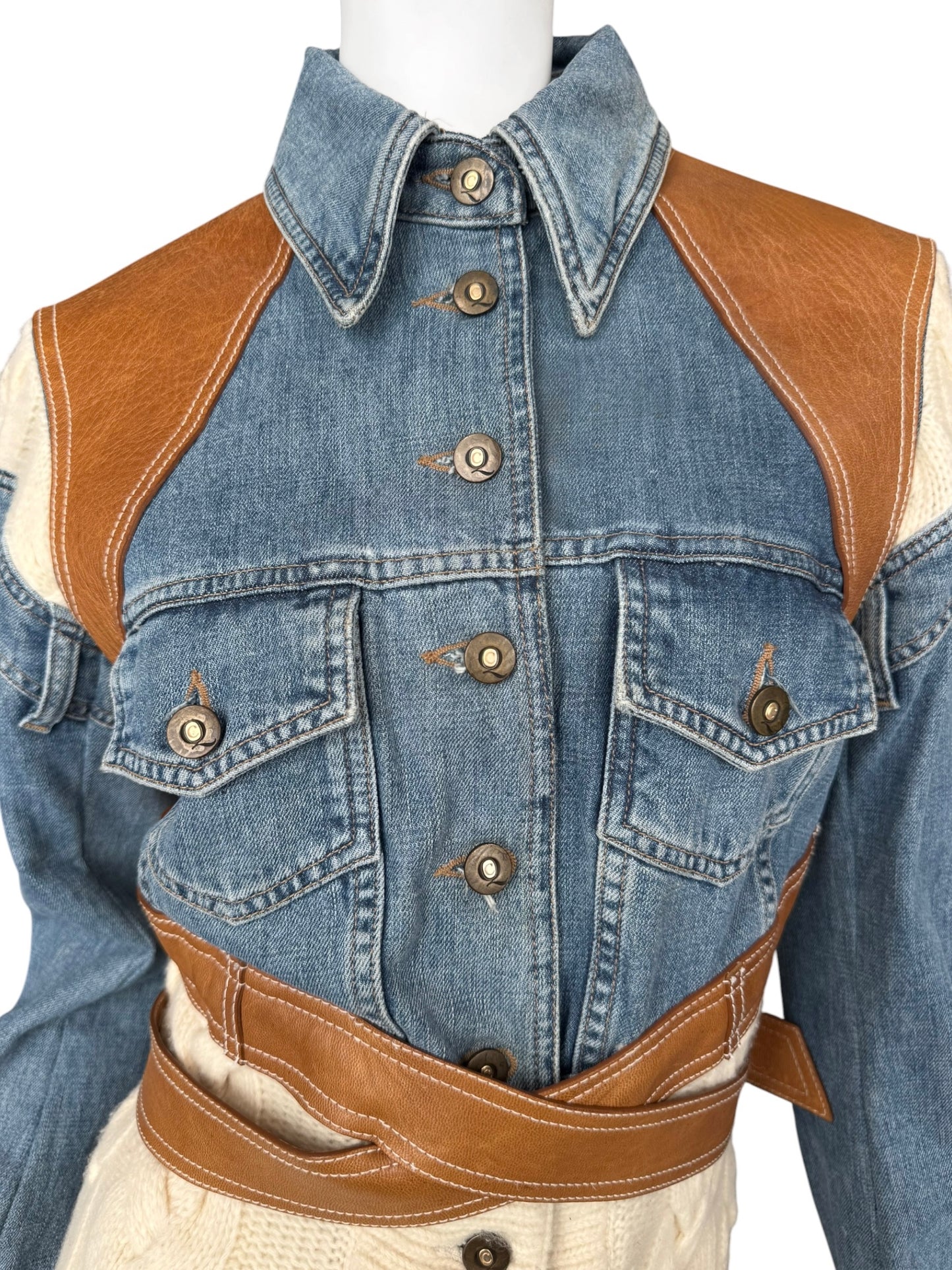 ALEXANDER MCQUEEN SS2004 ‘DELIVERANCE’ BLUE DENIM, BROWN LEATHER & CREAM KNIT PATCHWORK JACKET