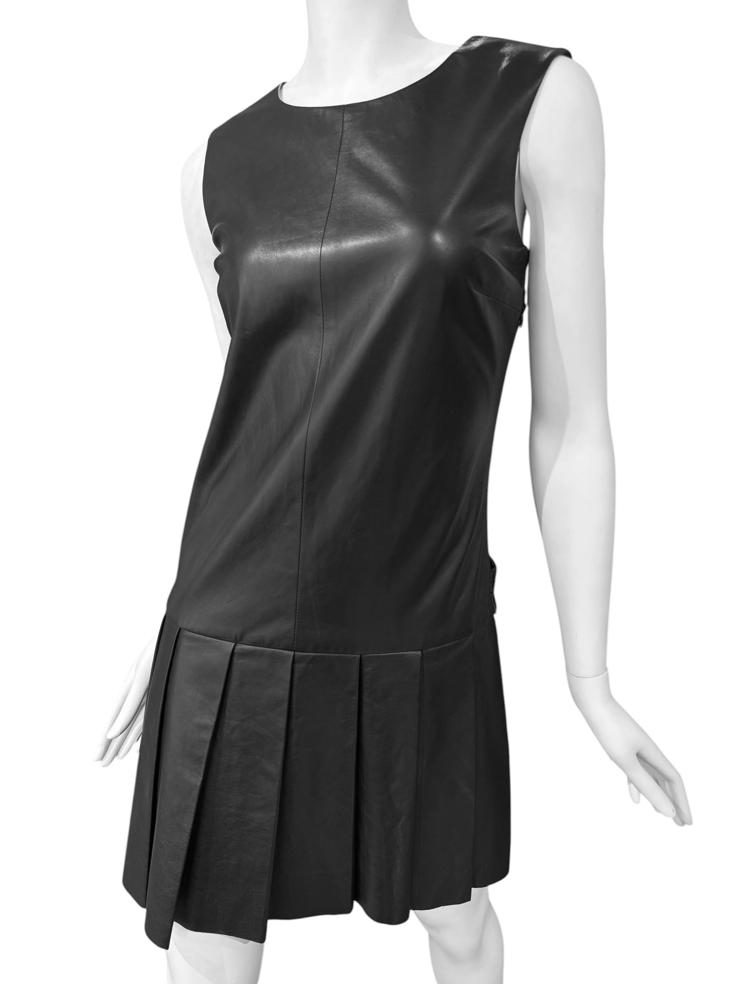 SIMONETTA RAVIZZA 2000s BLACK LEATHER OPEN BACK PLEATED MINI DRESS