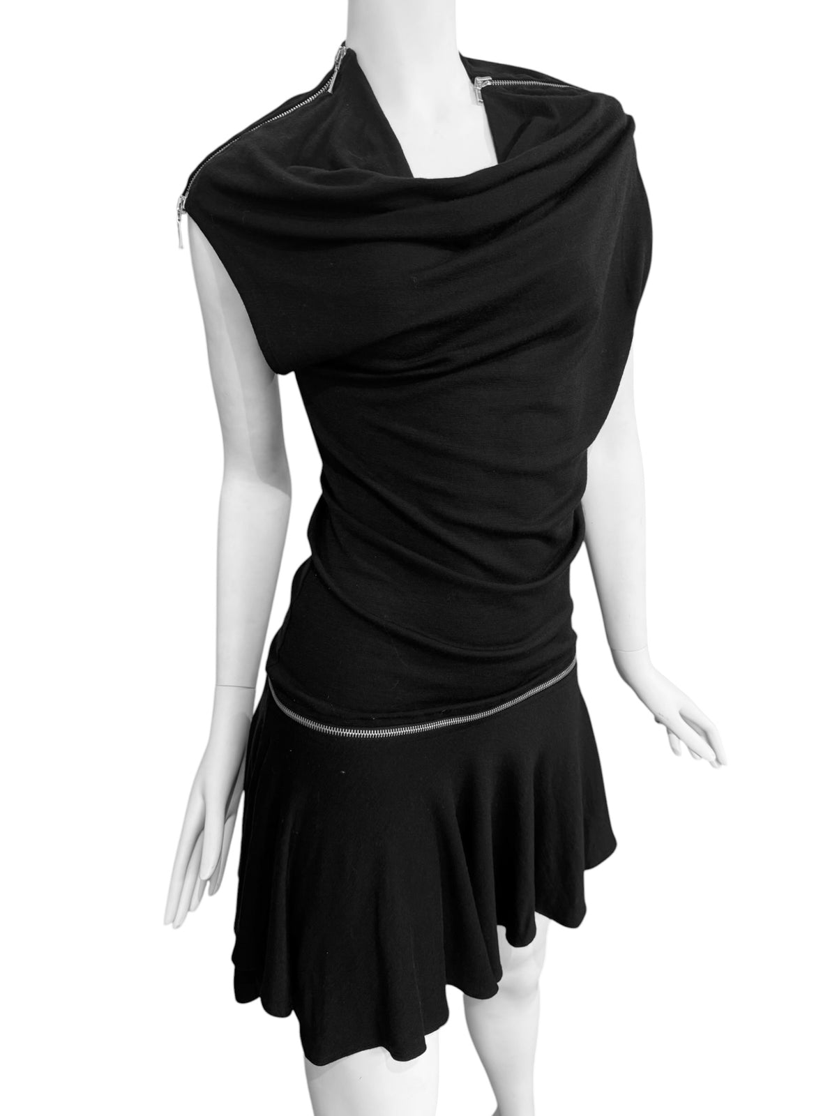 PLEIN SUD FW2003 BLACK ASYMMETRICAL ZIP MINI DRESS