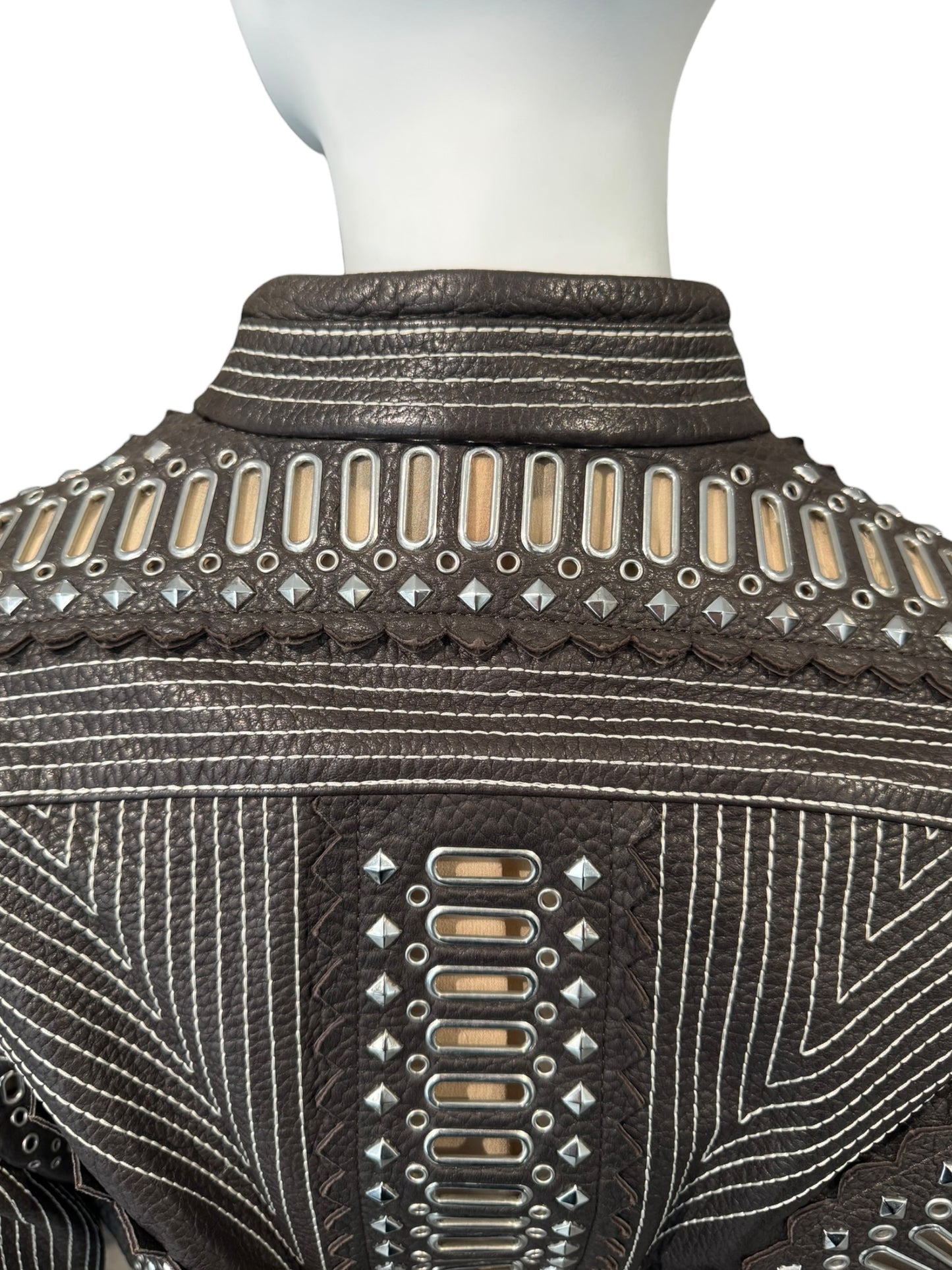 GIANFRANCO FERRE SS2004 DARK BROWN LEATHER GROMMET & STUD EMBELLISHED JACKET