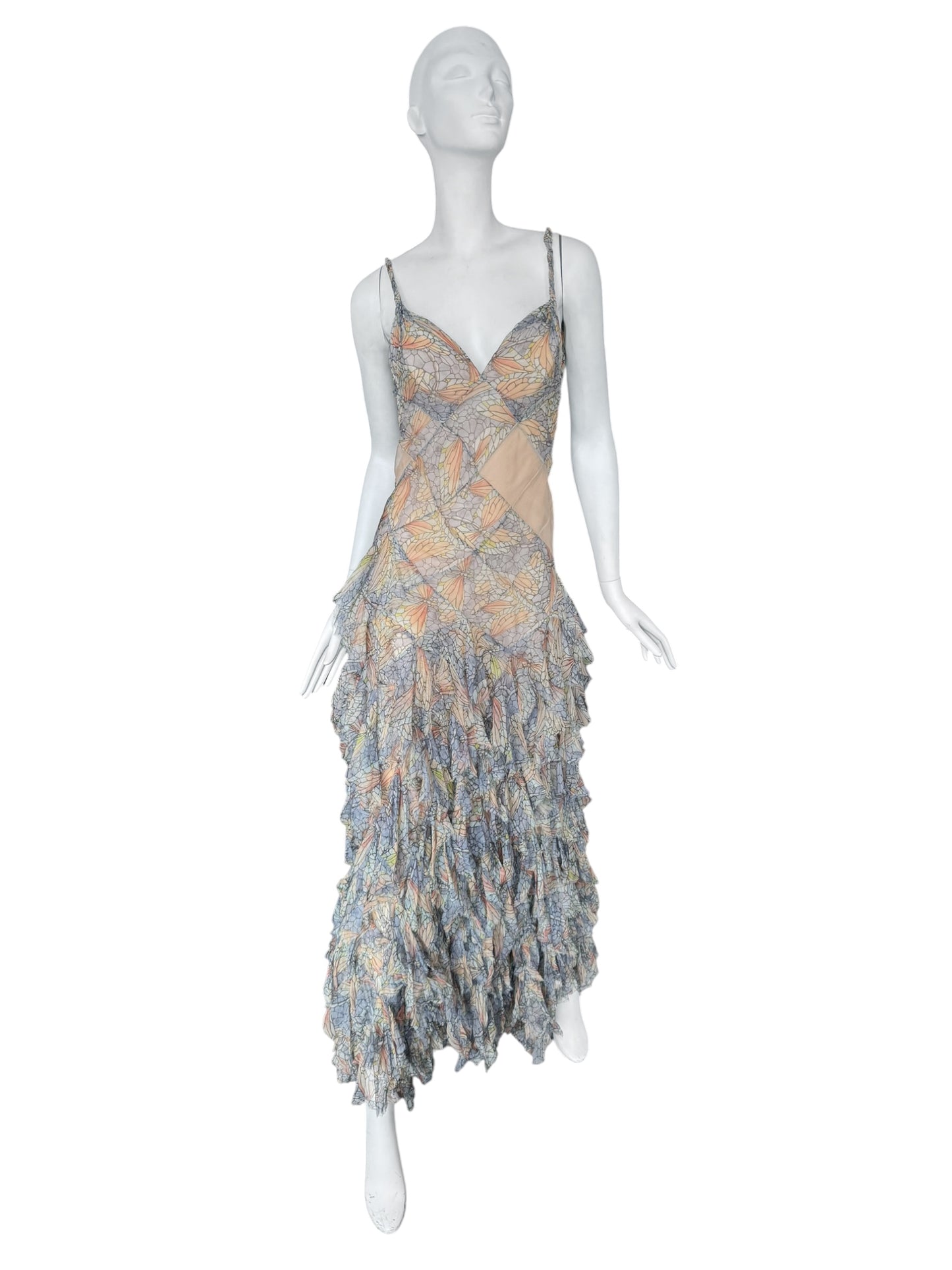 ALEXANDER MCQUEEN SS2004 ‘DELIVERANCE’ SILK STAINED GLASS BUTTERFLY PRINT RUFFLES MAXI DRESS