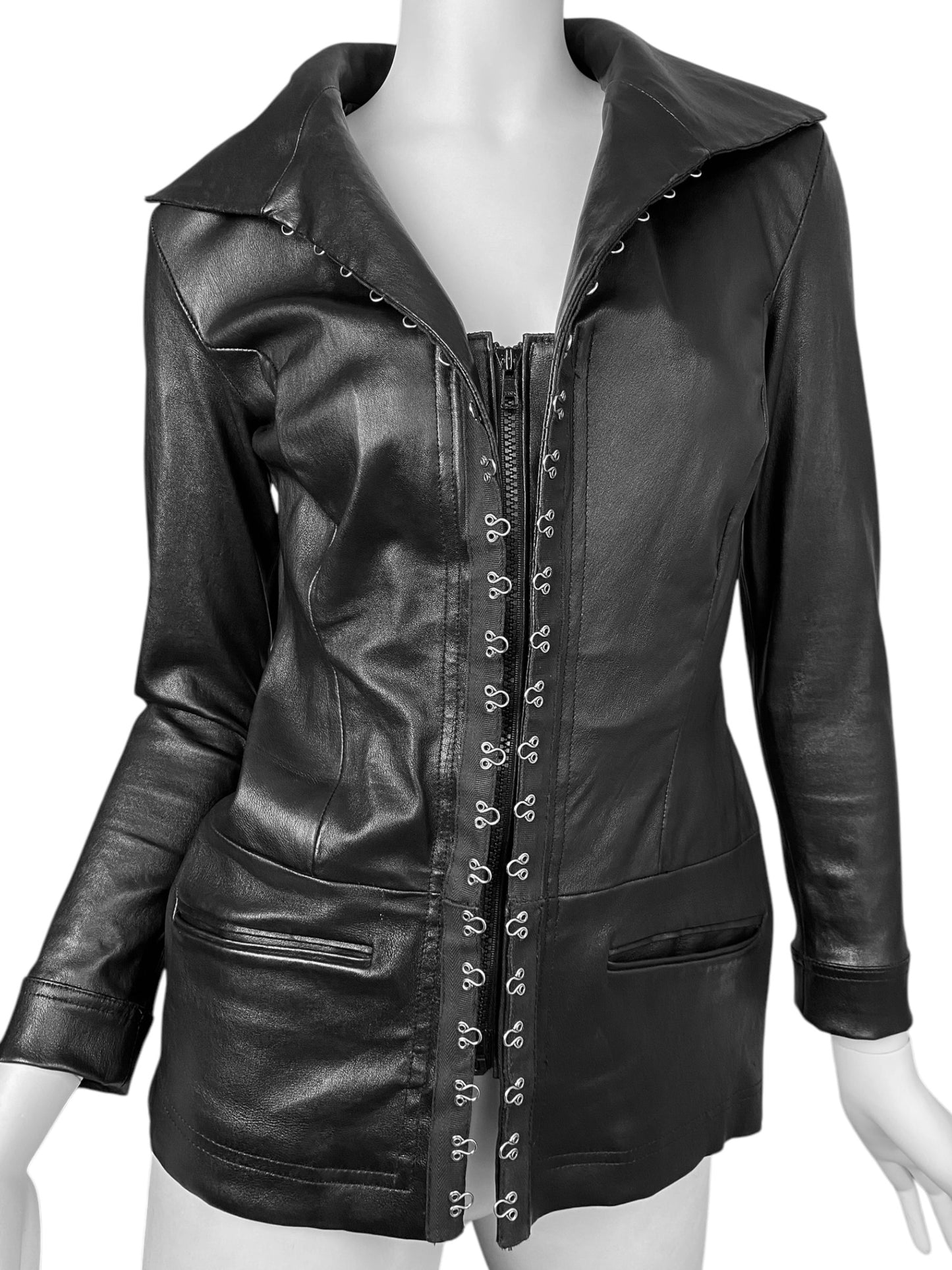 JITROIS 2000s BLACK LEATHER HOOKS ZIP JACKET