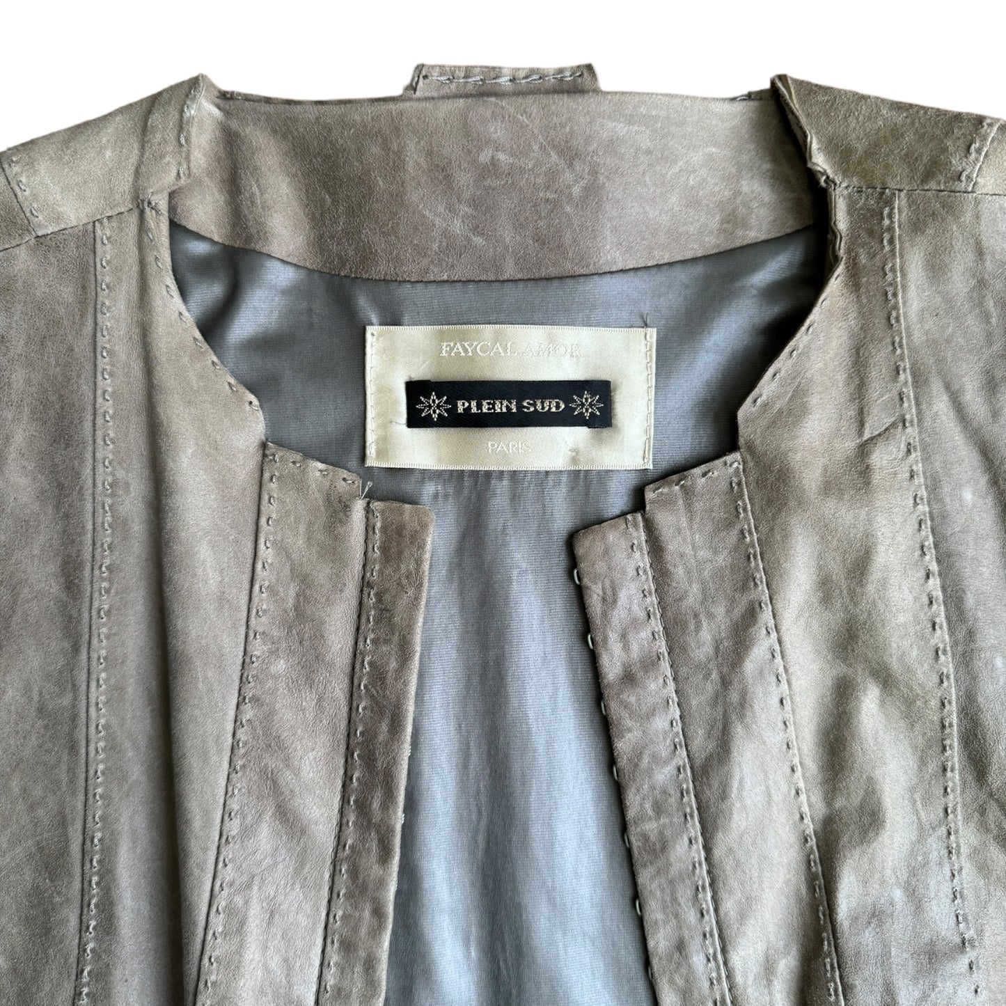 PLEIN SUD SS2003 BEIGE DISTRESSED LEATHER HOOKED JACKET