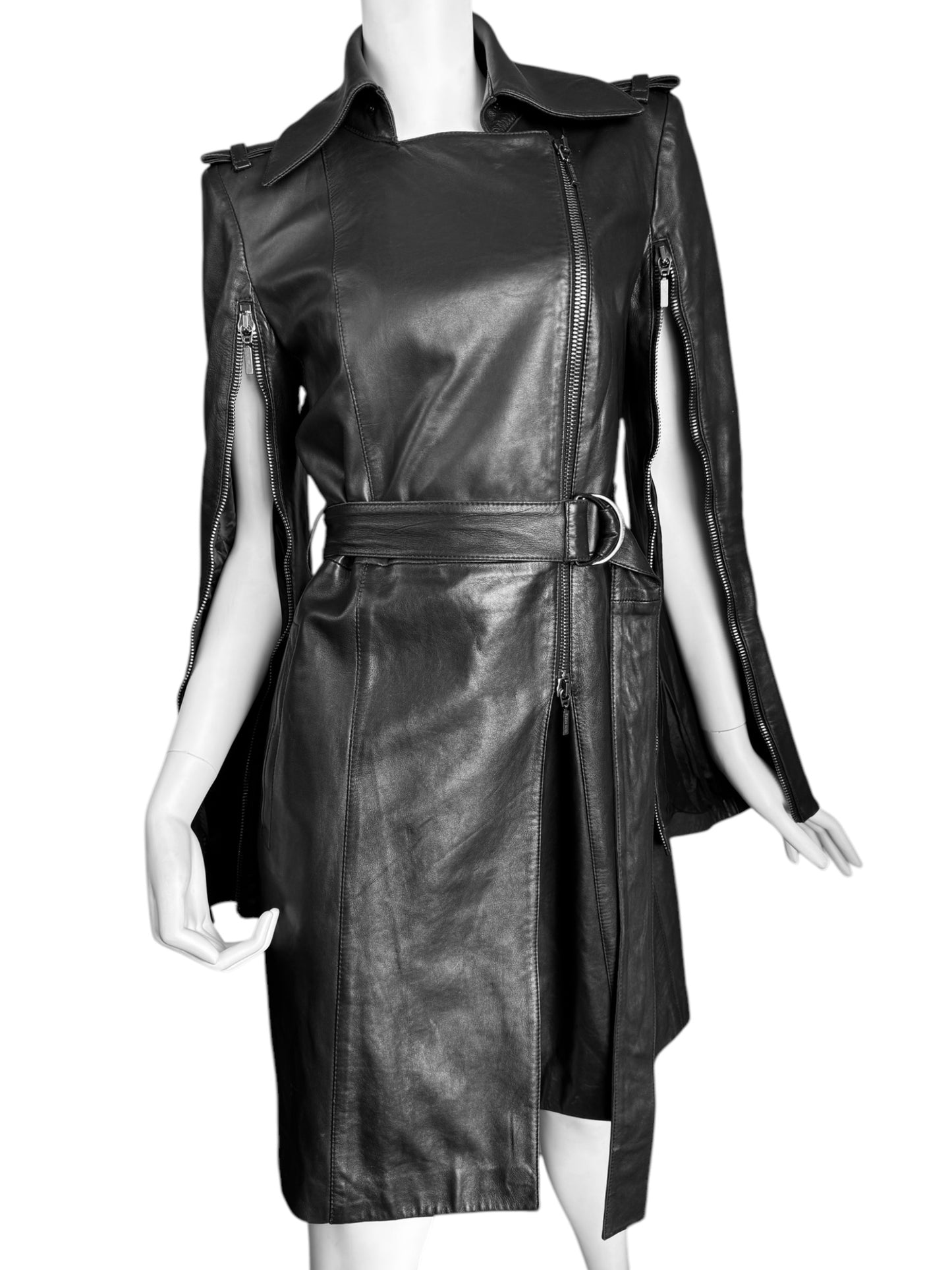 PLEIN SUD JEANS 2000s BLACK LEATHER ZIP SLEEVES COAT