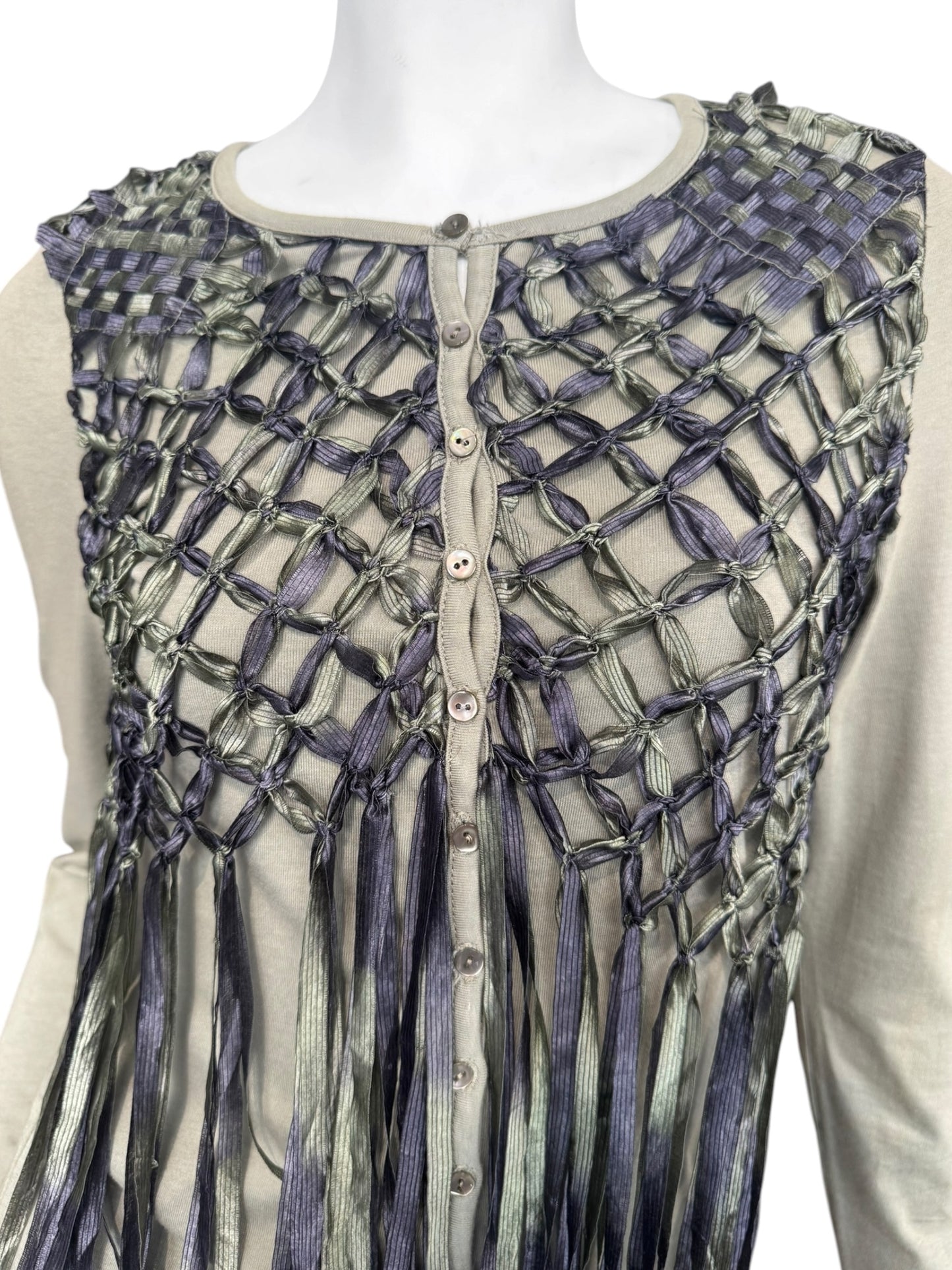 DIOR SS2003 BY JOHN GALLIANO KAKI COTTON & SILK KNOTTED FRINGE CARDIGAN