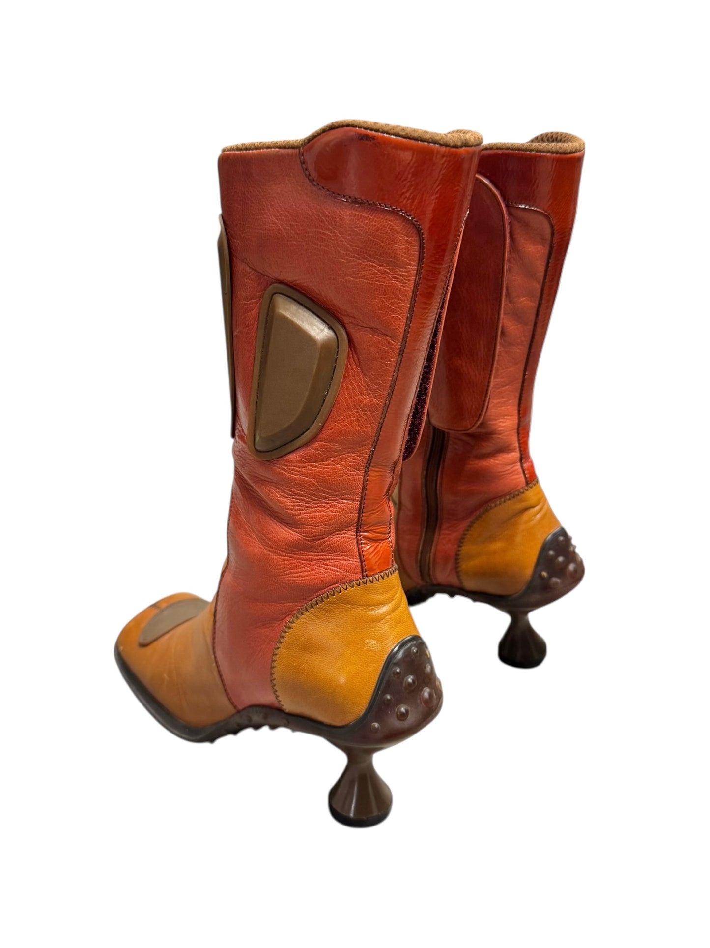 MIU MIU FW1999 ORANGE/RED/BROWN LEATHER BUBBLE SOLE BIKER BOOTS