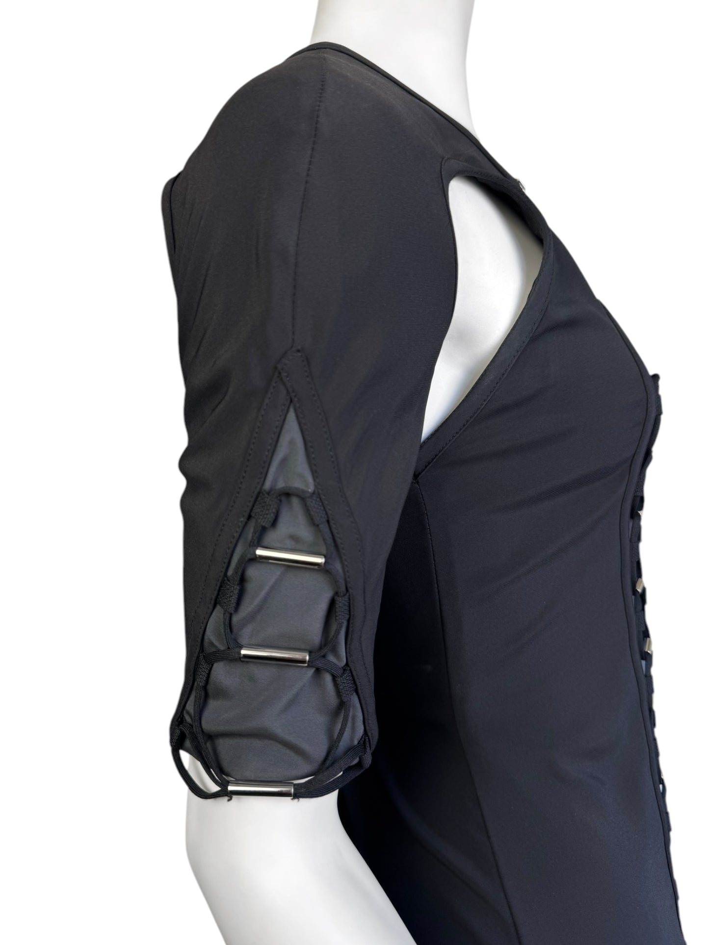 GUCCI SS2010 BY FRIDA GIANNINI BLACK & GREY SILK BLEND CUT-OUT LACE-UP FUTURISTIC MINI DRESS