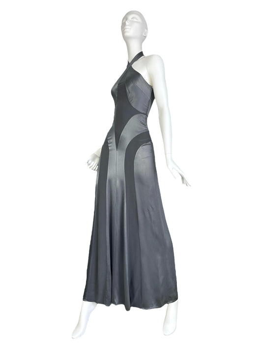 FAYÇAL AMOR SS2003 METALLIC GREY ANATOMICAL HALTERNECK MAXI DRESS