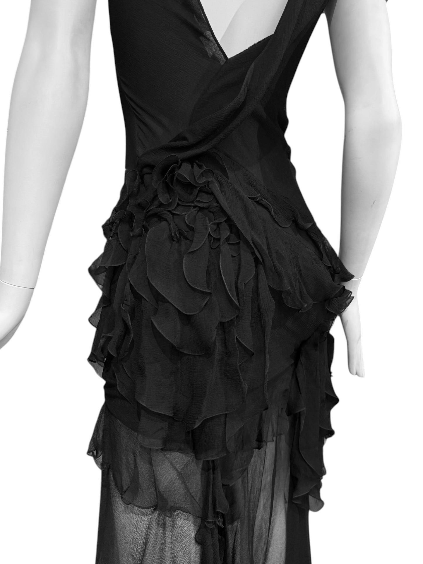 JOHN GALLIANO FW2004 BLACK SILK RUFFLES MAXI DRESS