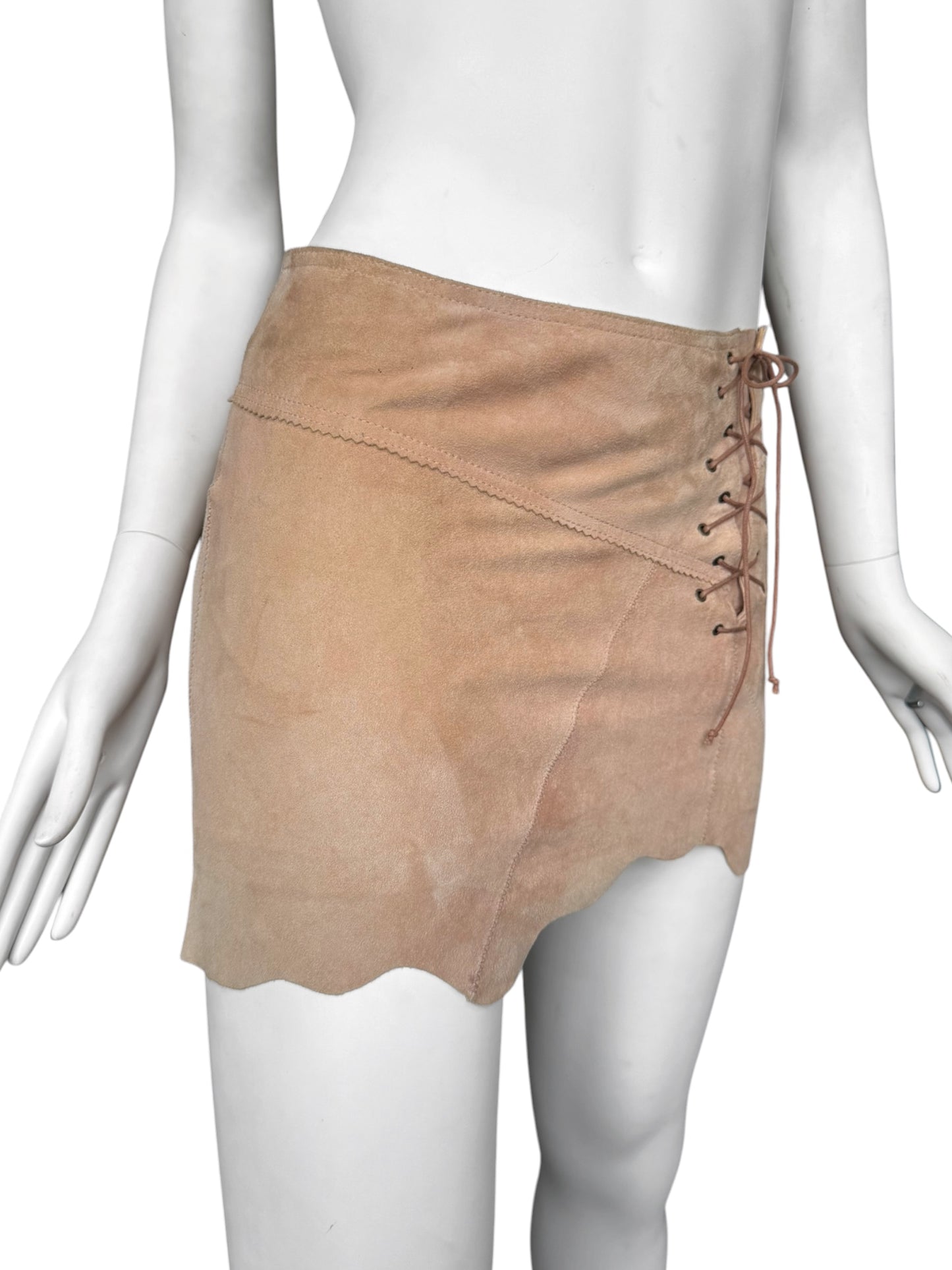 PLEIN SUD JEANS SS2003 BEIGE SUEDE LEATHER LACE-UP MINI SKIRT