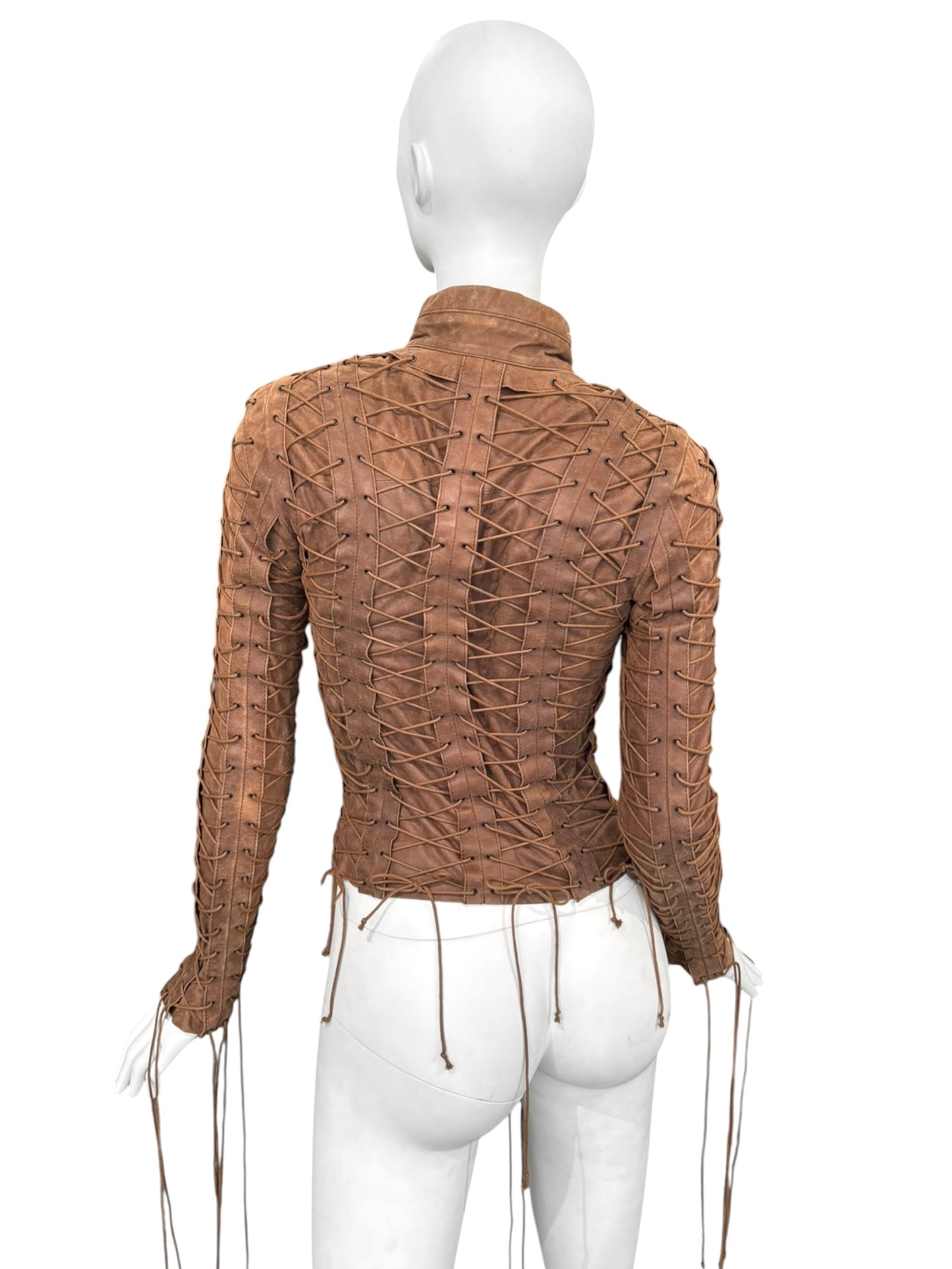 PLEIN SUD FW2002 BROWN LEATHER LACE-UP CAGE JACKET