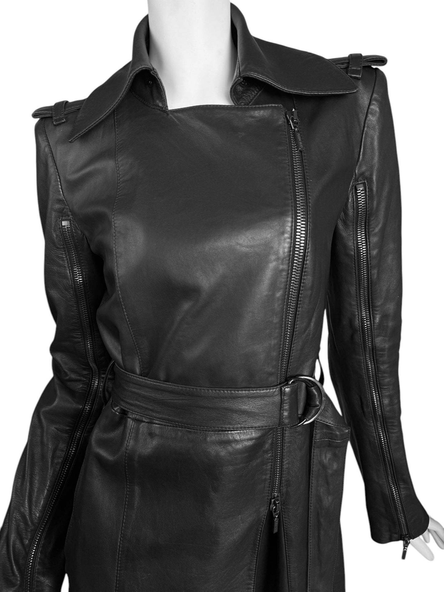 PLEIN SUD JEANS 2000s BLACK LEATHER ZIP SLEEVES COAT