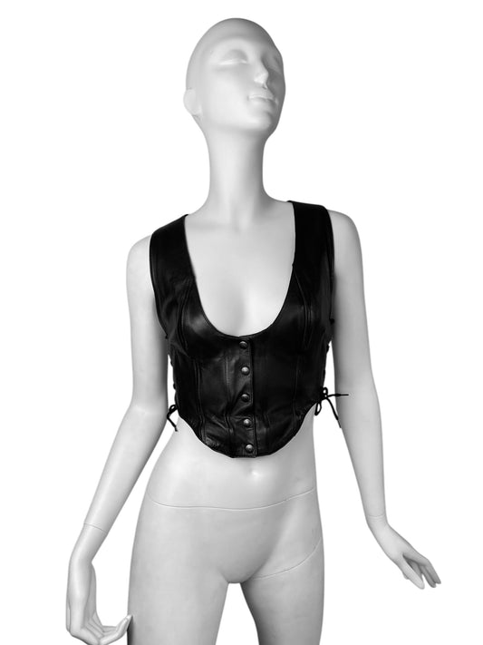 PLEIN SUD SS1992 BLACK LEATHER SIDE LACE-UP BONDAGE CORSET TOP