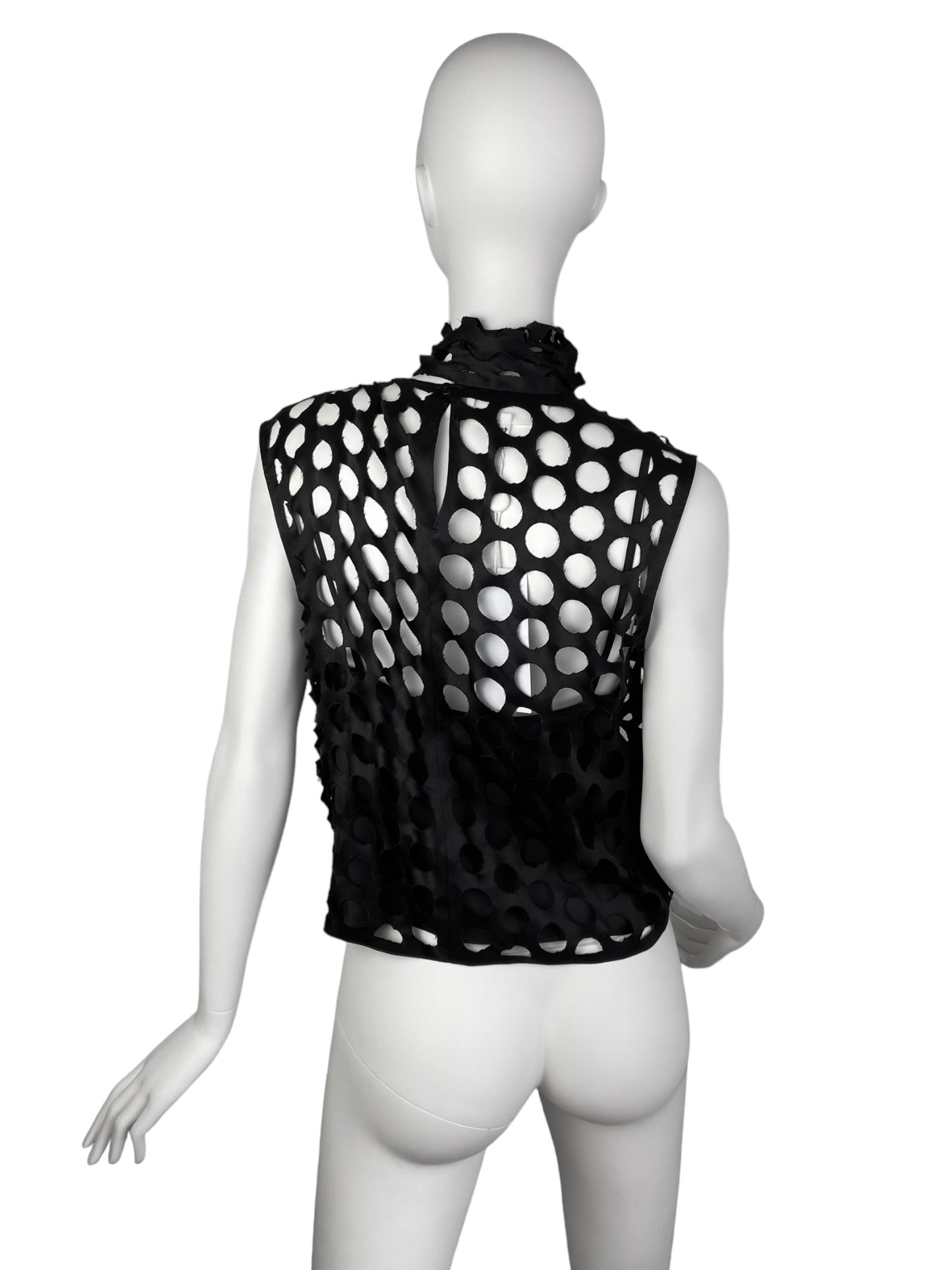 MAISON MARGIELA FW2020 BY GALLIANO BLACK SILK LASER CUT OUT POLKA DOTS ASCOT TIE TOP