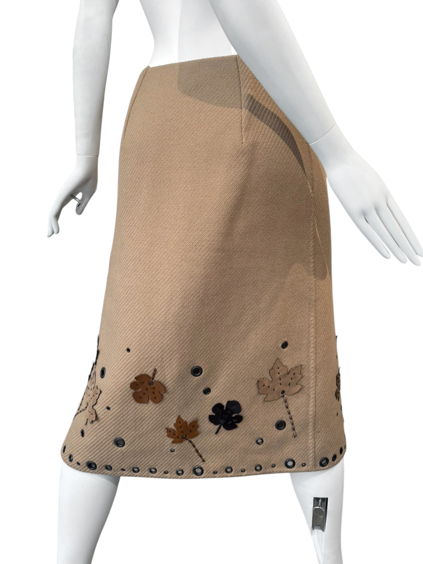 PRADA FW1999 BEIGE WOOL LEAF APPLIQUÉ MIDI SKIRT