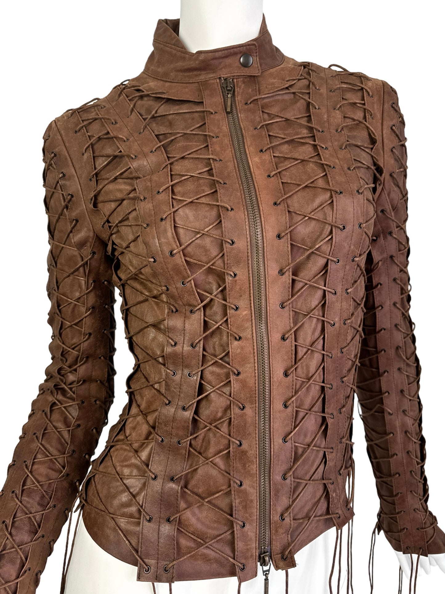 PLEIN SUD FW2002 BROWN LEATHER LACED-UP CAGE JACKET