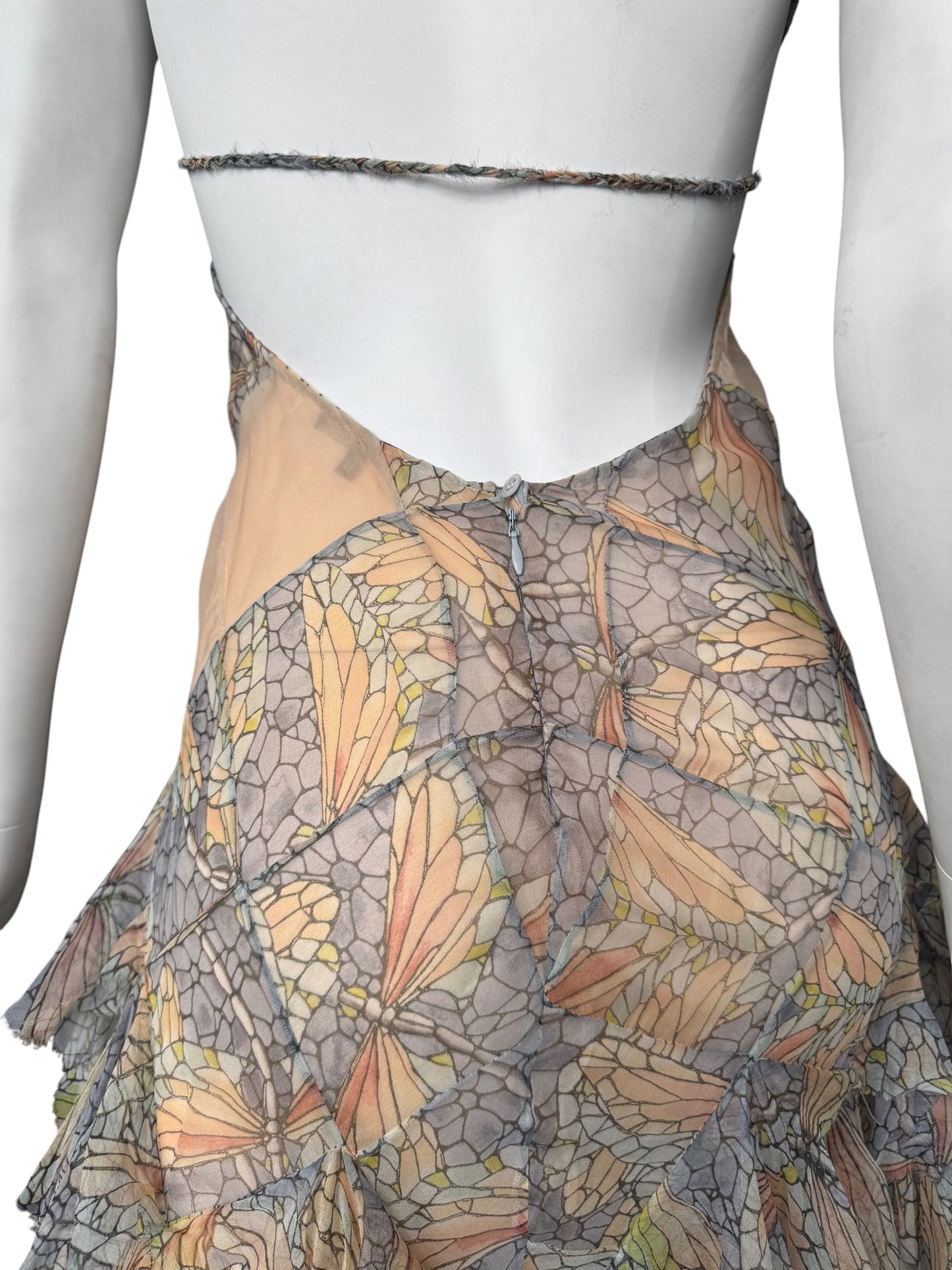 ALEXANDER MCQUEEN SS2004 ‘DELIVERANCE’ SILK STAINED GLASS BUTTERFLY PRINT RUFFLES MAXI DRESS