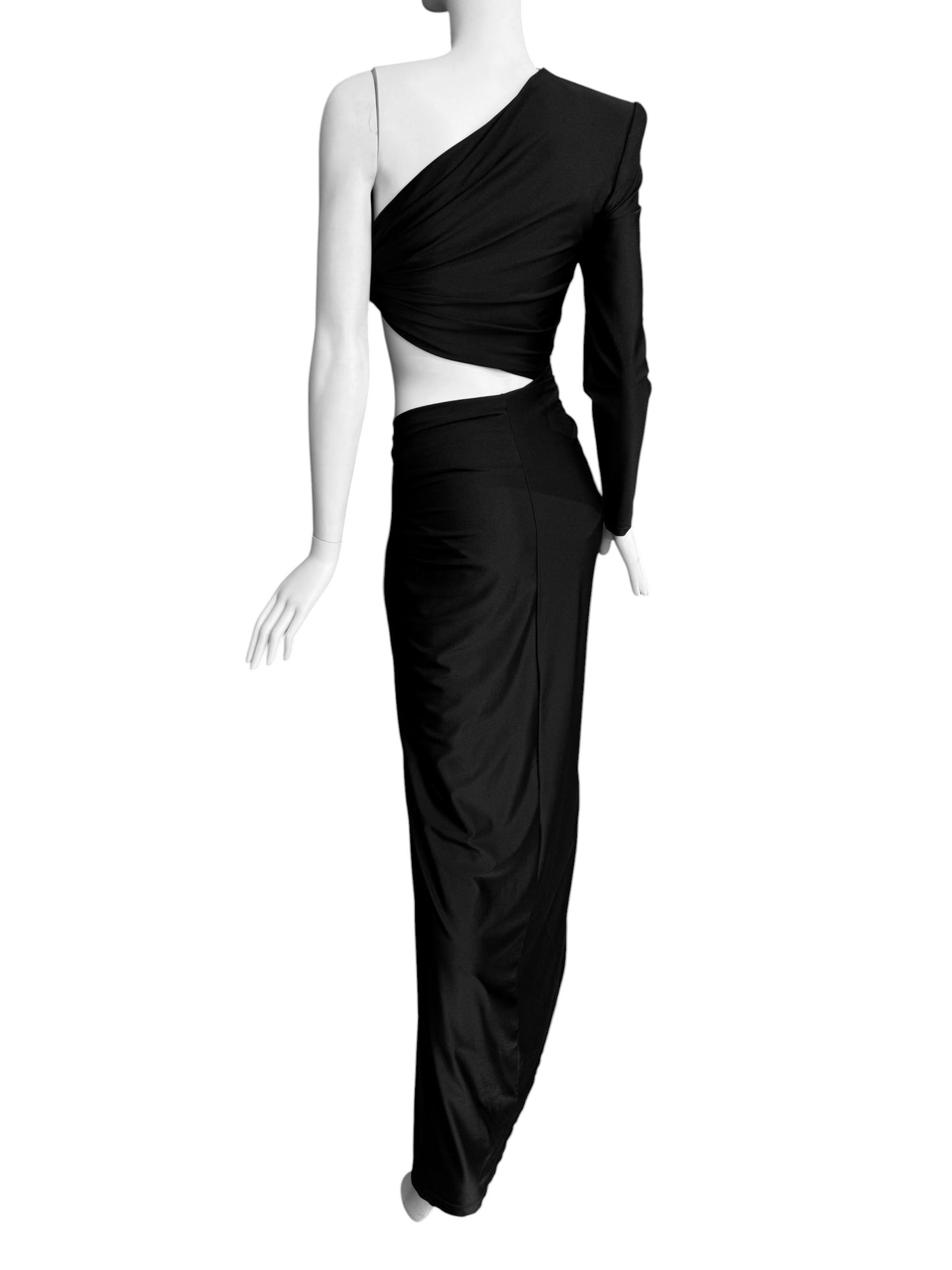 SAINT LAURENT SS2022 BY ANTHONY VACCARELLO BLACK ASYMMETRICAL CUT OUT MAXI DRESS