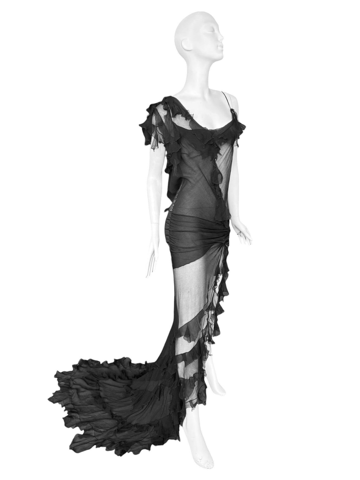 CHRISTIAN DIOR FW2006 BY JOHN GALLIANO BLACK SILK ASYMMETRICAL RUFFLES TRAIN MAXI DRESS