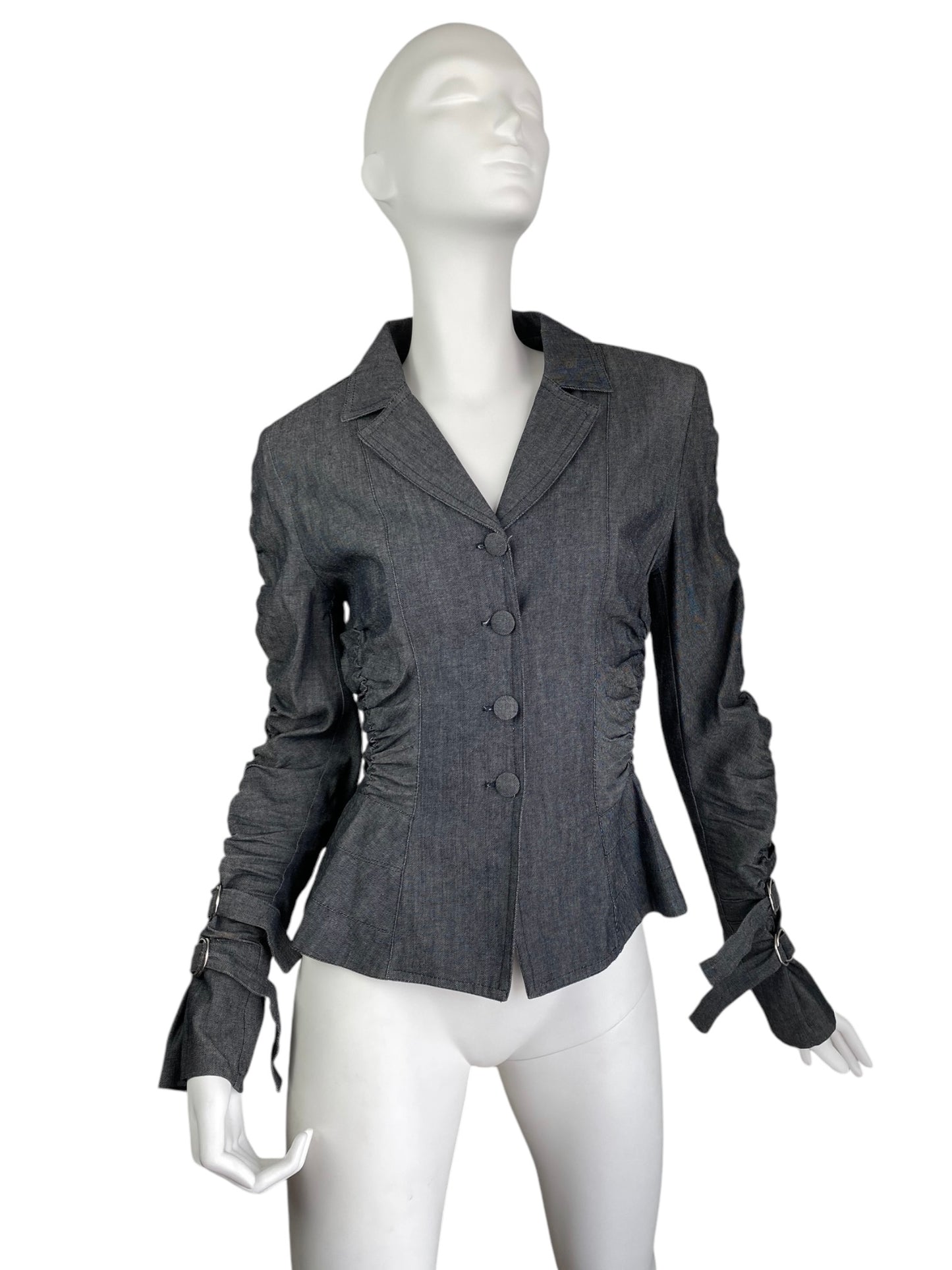 ROMEO POUR JULIETTE 1990s GREY DENIM GATHERED BONDAGE BLAZER