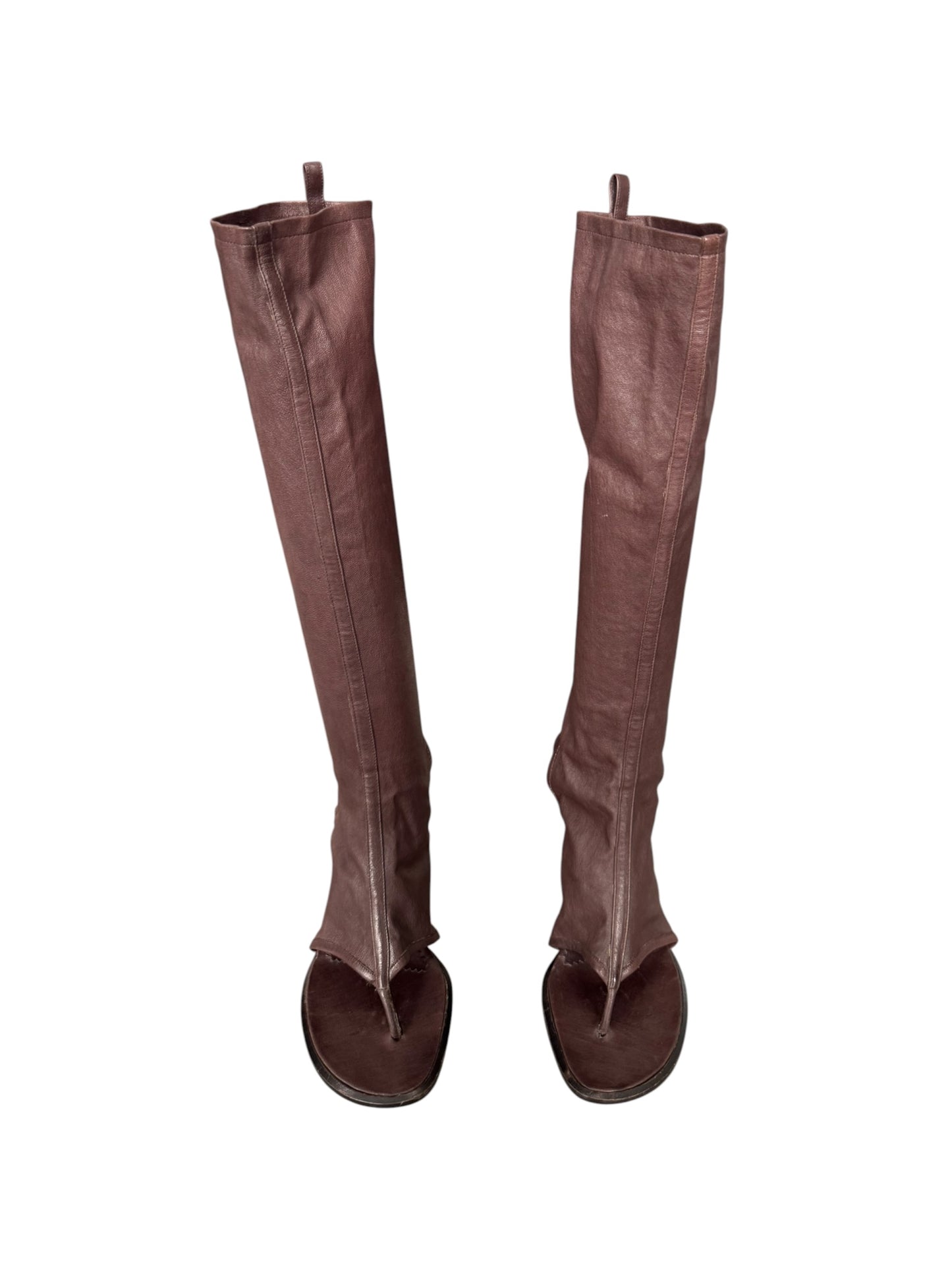 PLEIN SUD SS2004 BROWN LEATHER KNEE-HIGH THONG SANDAL BOOTS