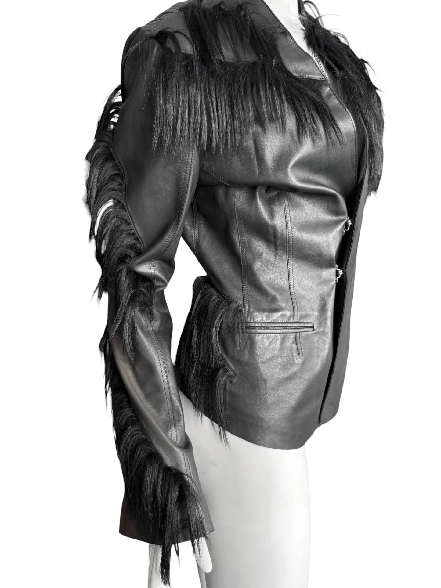 REVILLON FW2003 BY RICK OWENS BLACK LEATHER & MONKEY FUR JACKET