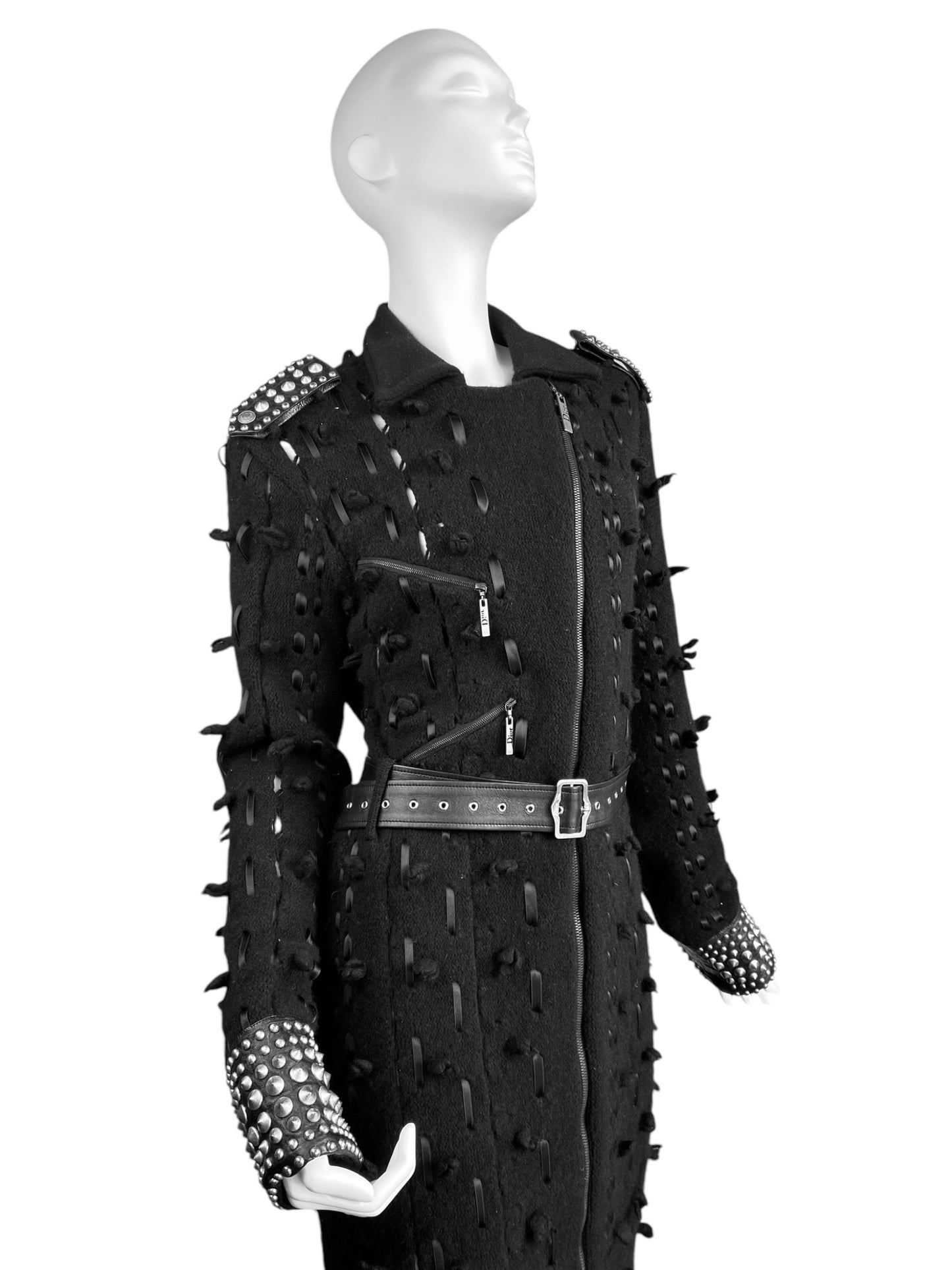 DIOR FW2004 BY GALLIANO BLACK WOOL LACED STUDDED MAXI COAT