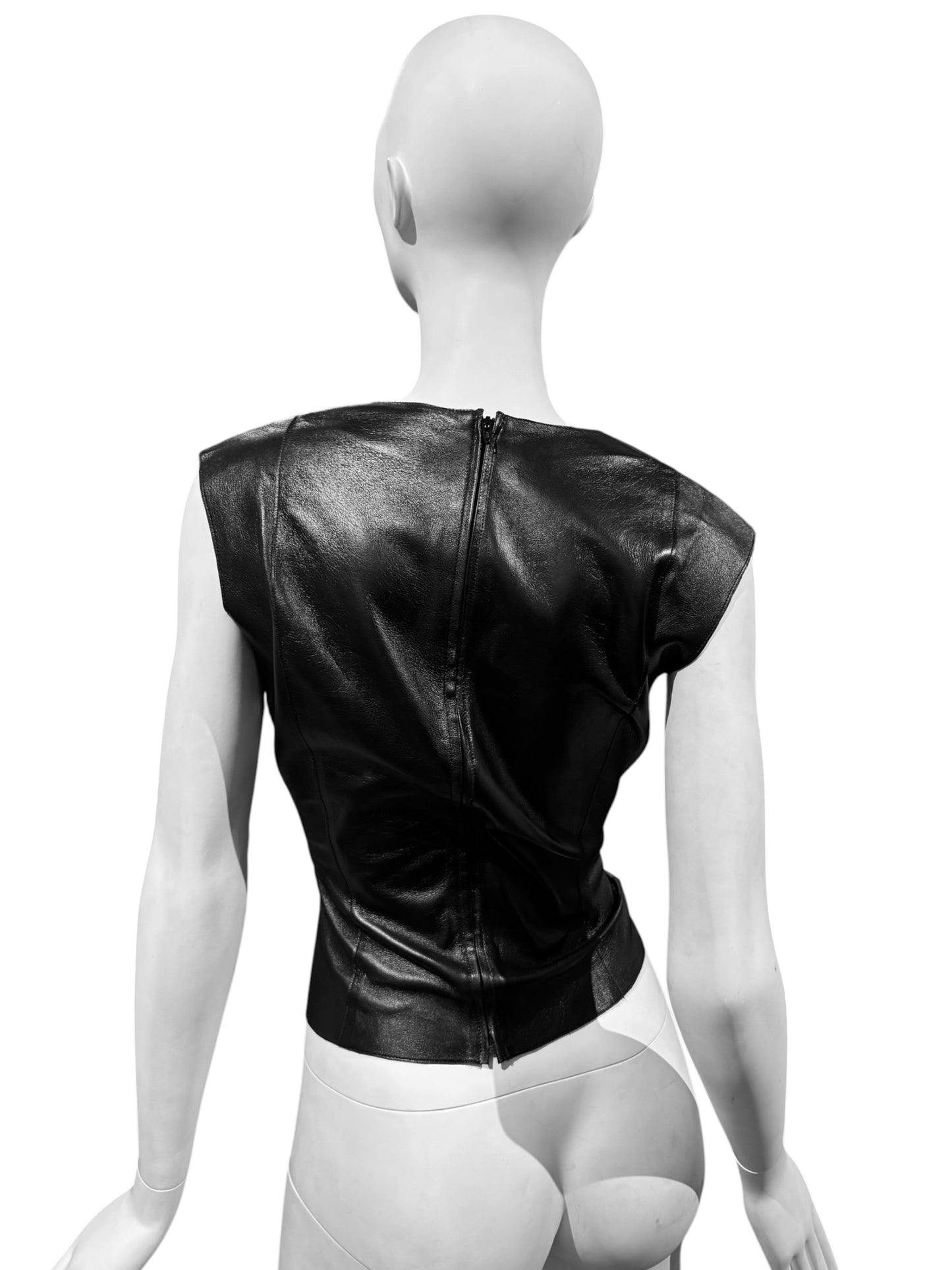 JITROIS 2000s BLACK LEATHER & SILK TULLE LACE-UP TANK TOP