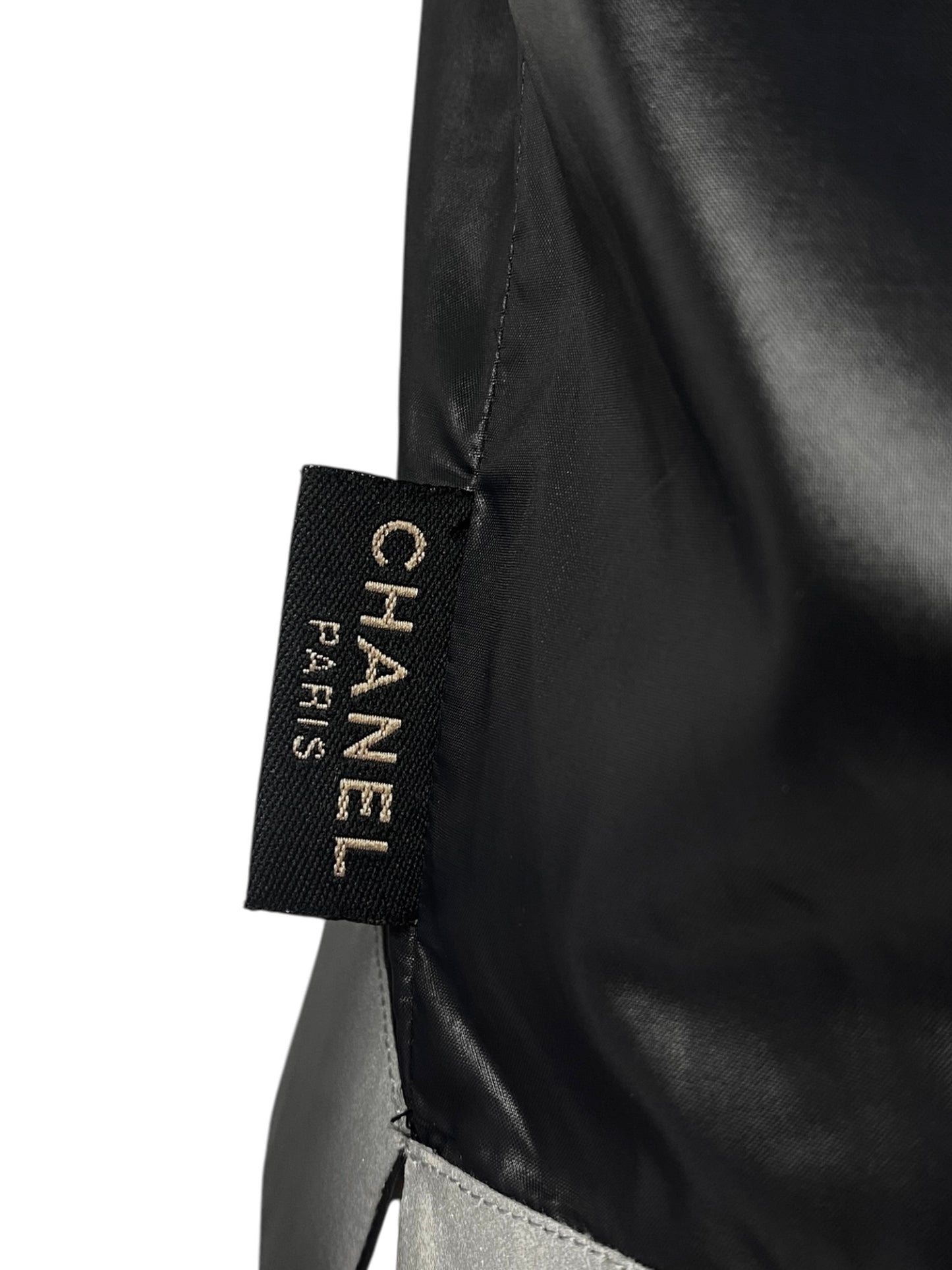 CHANEL SS1999 BY KARL LAGERFELD BLACK NYLON REFLECTIVE HEM 3P. SET (TOP + PANTS + SKIRT)