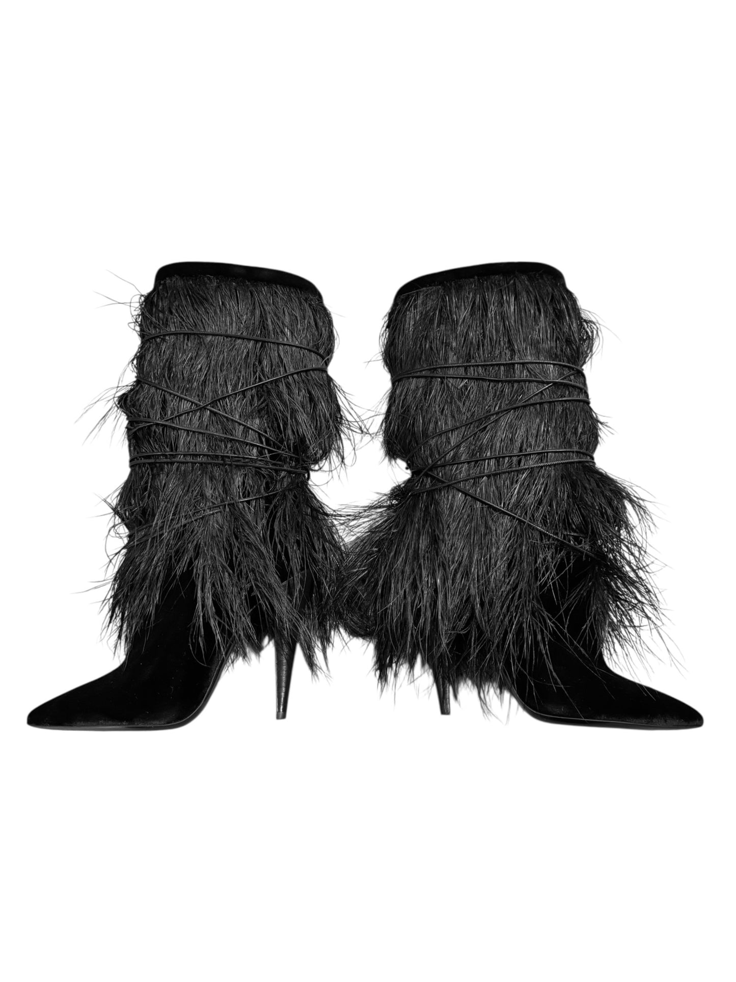 SAINT LAURENT SS2018 BY ANTHONY VACCARELLO BLACK VELVET & OSTRICH FEATHERS BOOTS