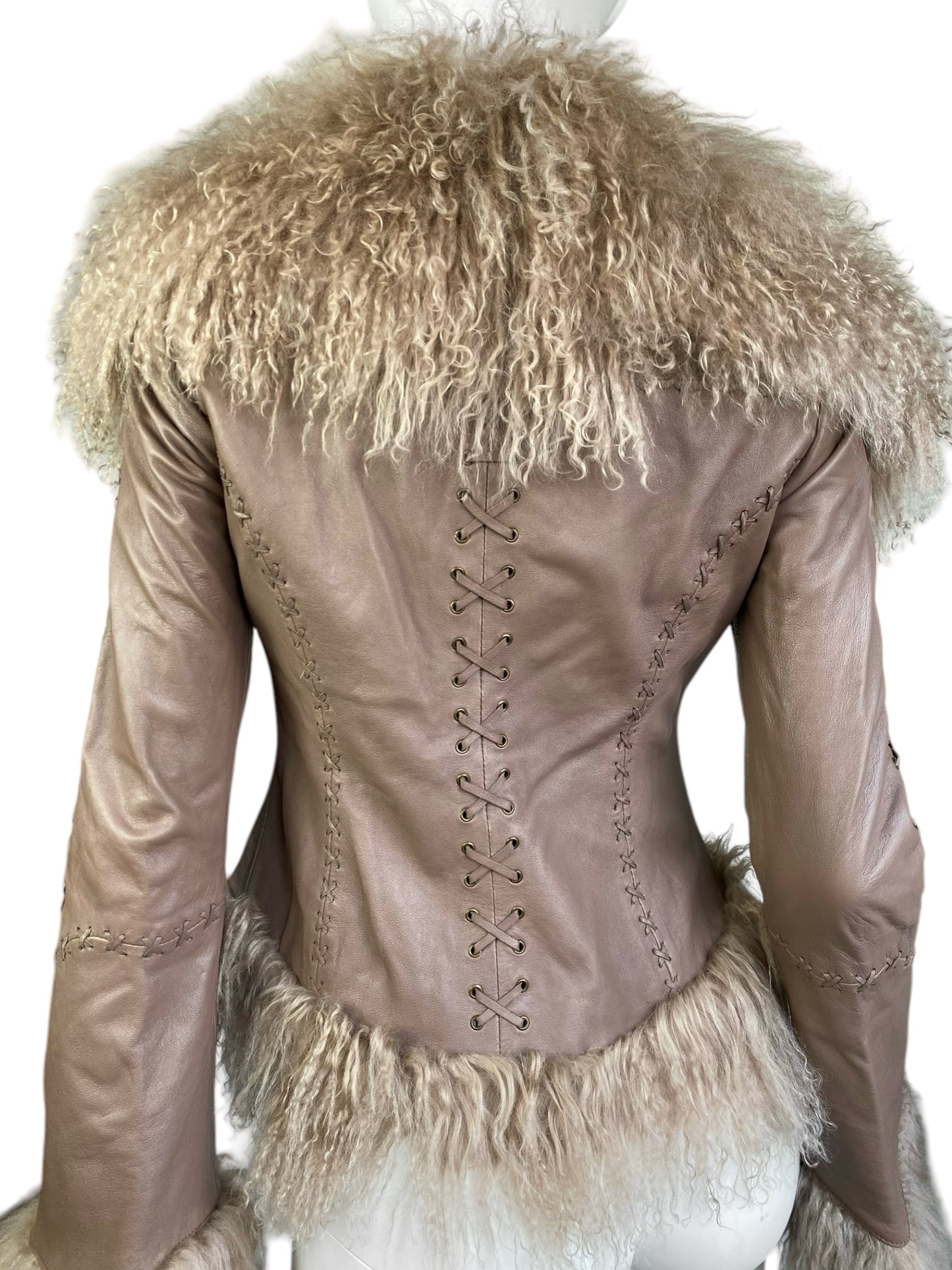 JUST CAVALLI 2000s BEIGE LEATHER LACED MONGOLIAN LAMB FUR TRIM JACKET