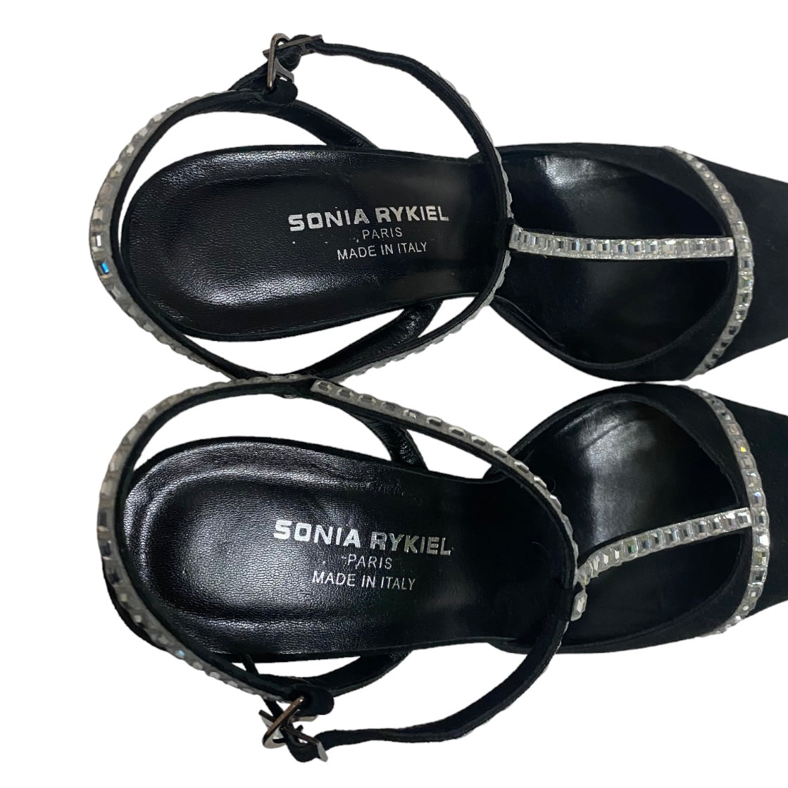 SONIA RYKIEL BLACK LEATHER STRASS T-STRAP HEELS