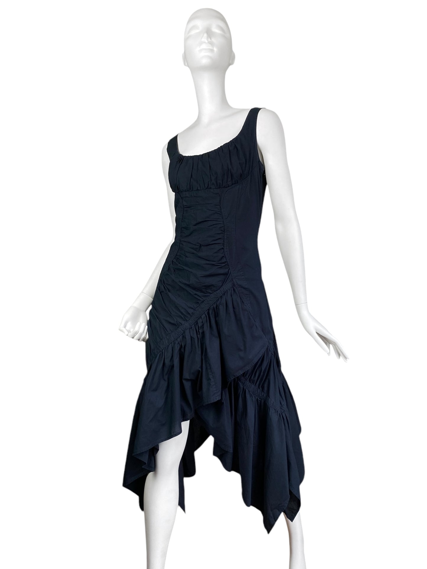 ISSEY MIYAKE FW2005 BY NAOKI TAKIZAWA NAVY BLUE ASYMMETRICAL GATHERED MIDI DRESS