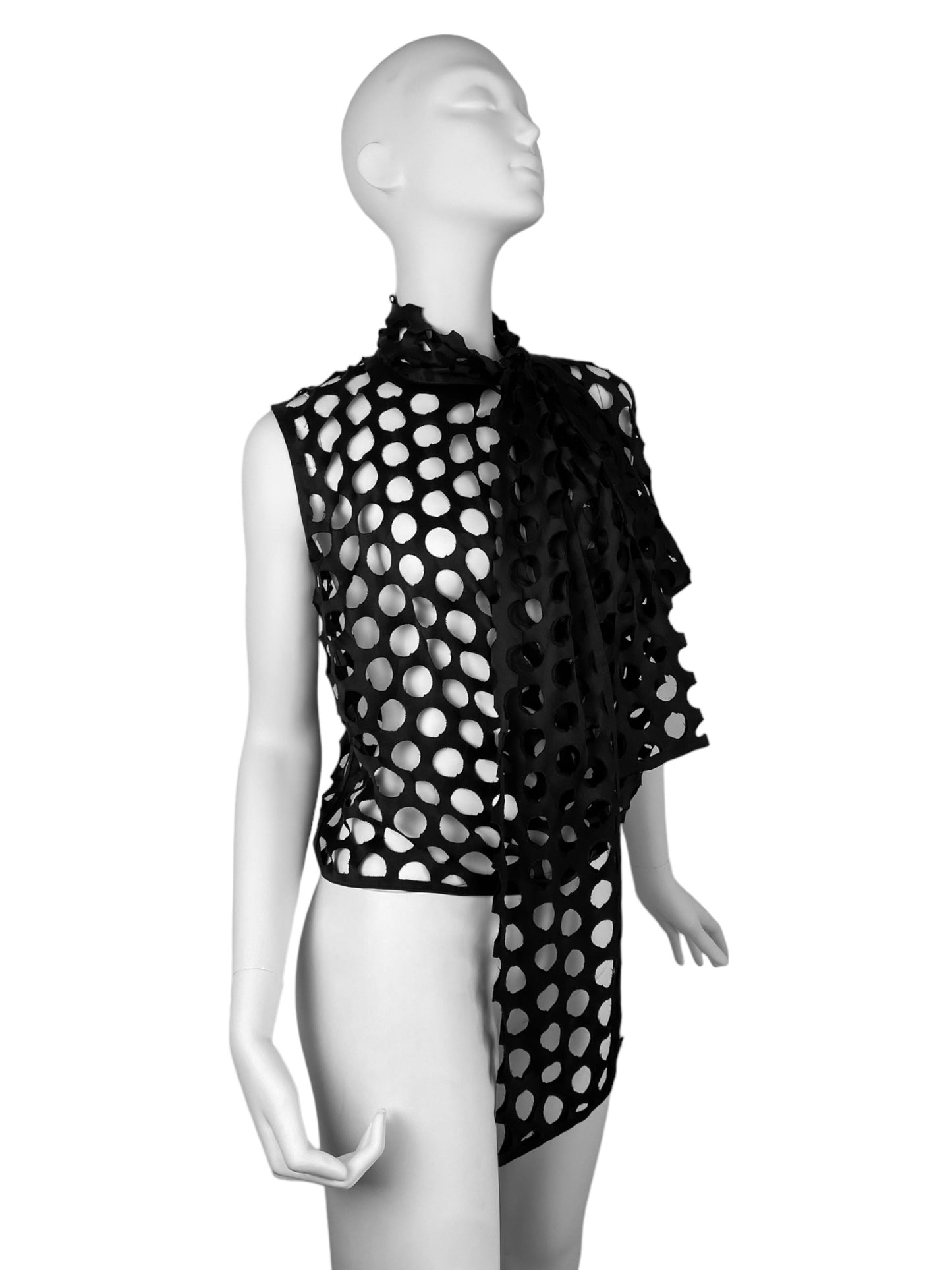 MAISON MARGIELA FW2020 BY GALLIANO BLACK SILK LASER CUT OUT POLKA DOTS ASCOT TIE TOP