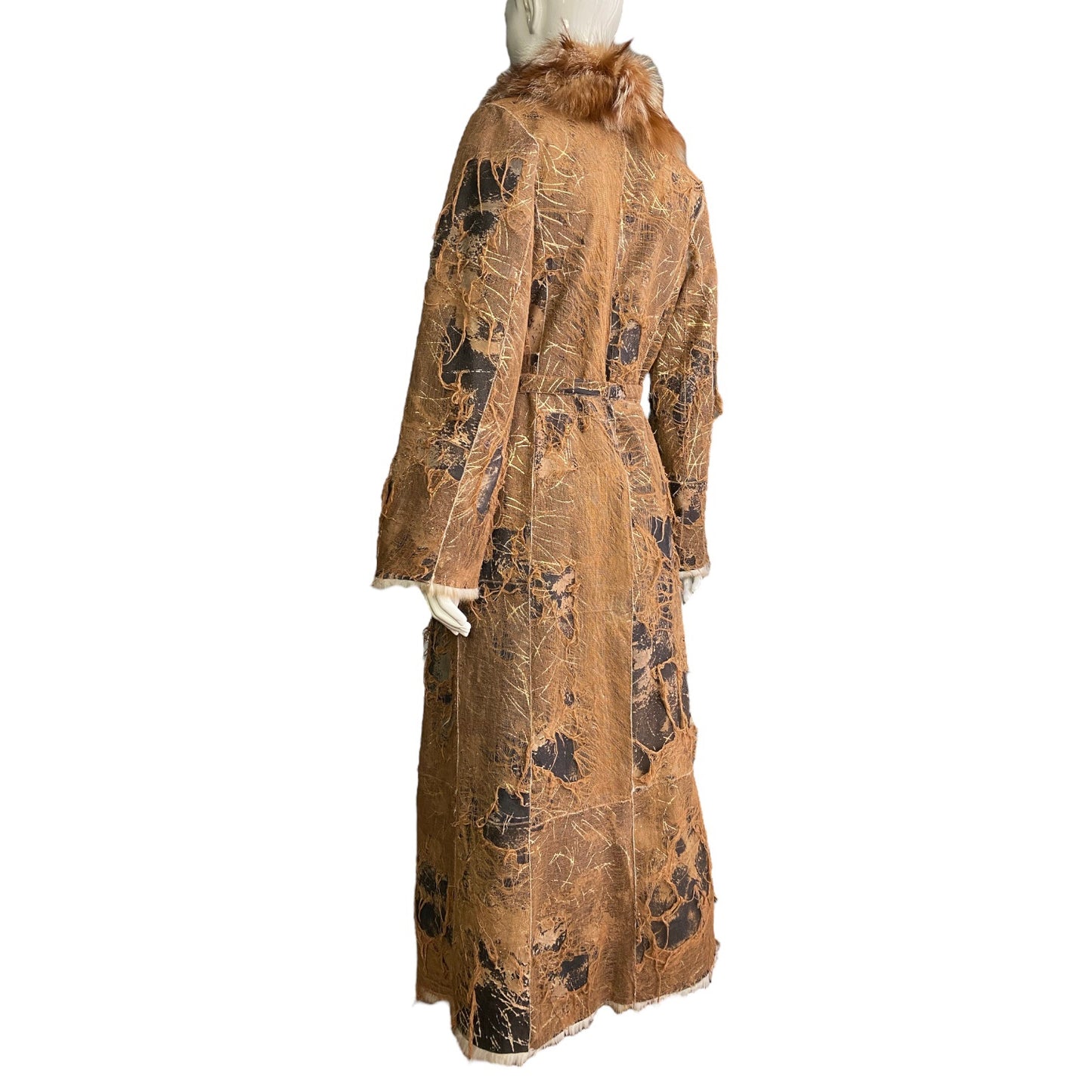 AMORETTI 2000s BROWN FOX FUR & GOLD LEAVES DISTRESSED COAT