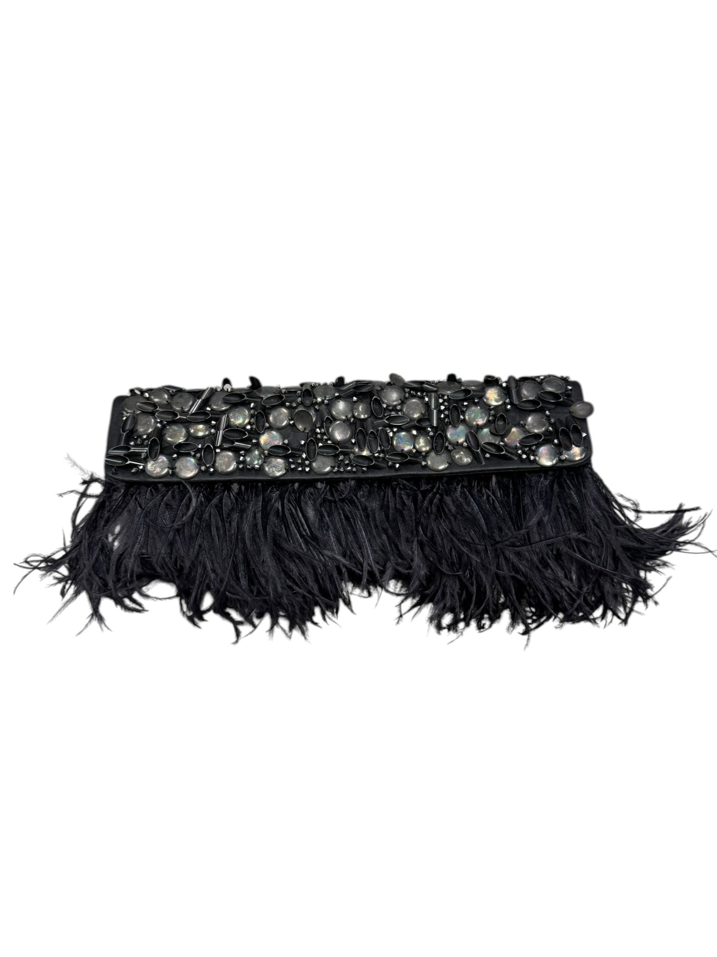 CHRISTIAN LACROIX 2000s BLACK LEATHER & OSTRICH FEATHERS EMBELLISHED CLUTCH & GLOVES